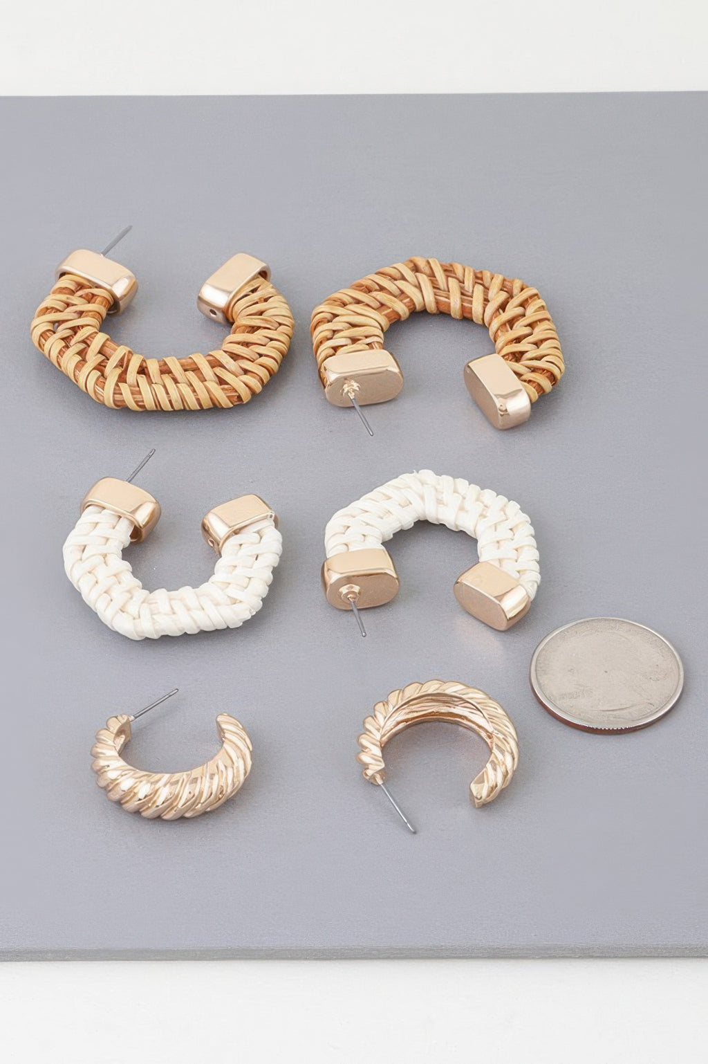 Woven hoop earrings set: natural tan and white hoops, mixed with gold-tone studs