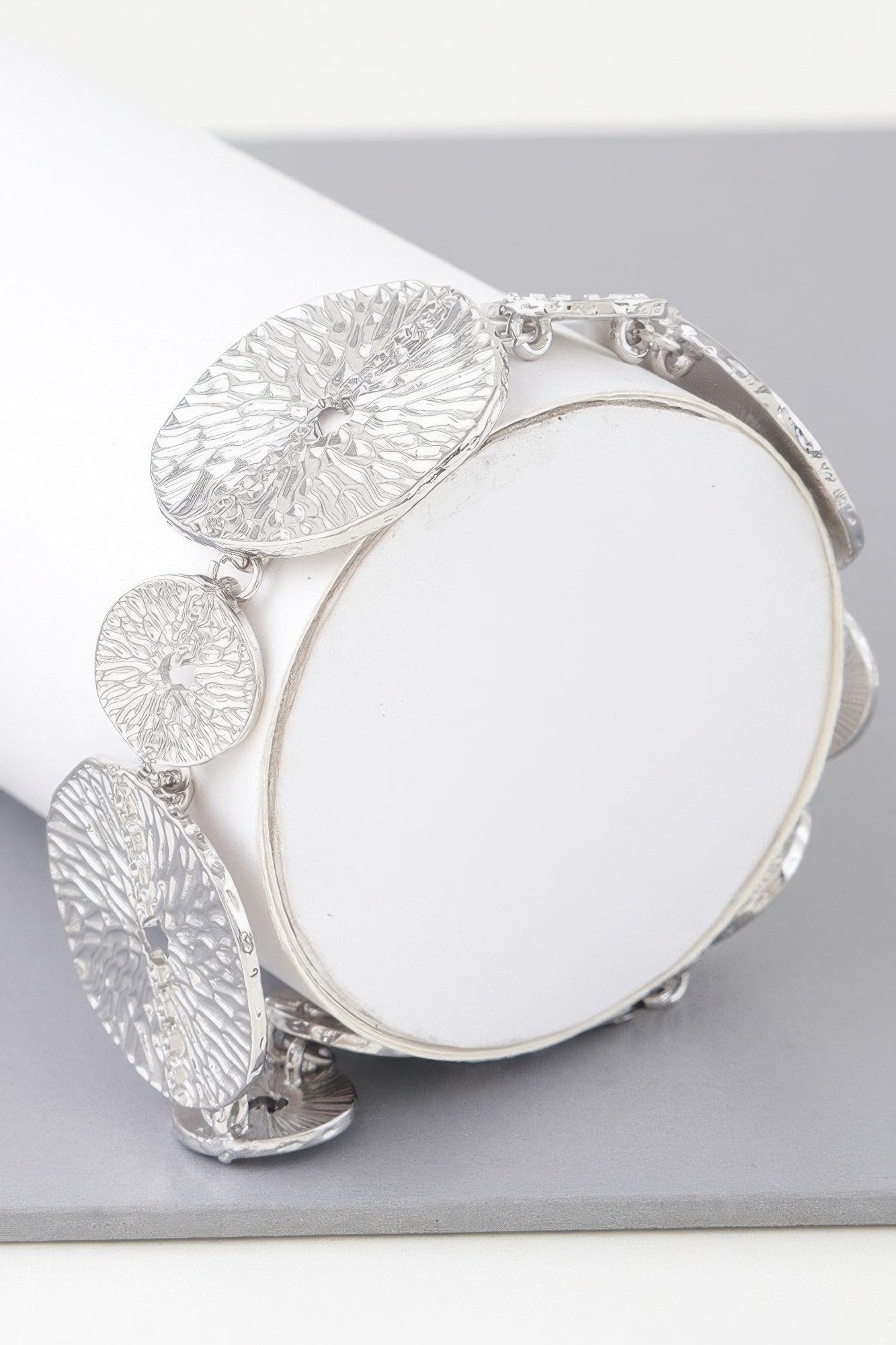 Silver Multi Hammered Disc Bracelet with textured discs and metal clasp
