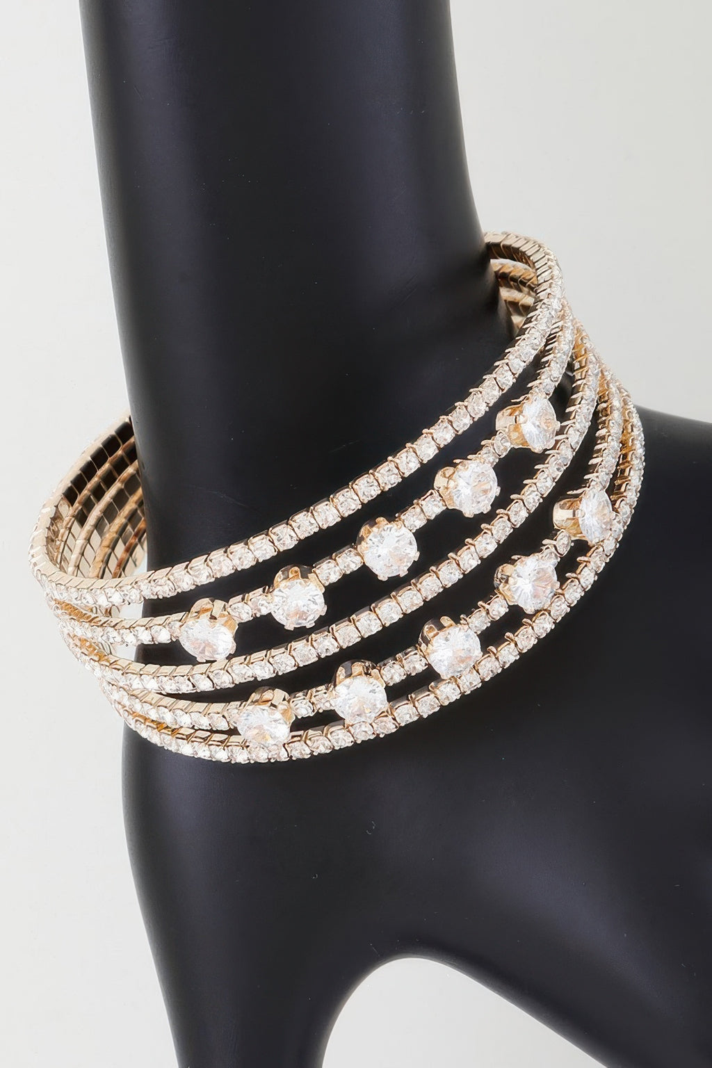 Multi Jeweled Cuff Bracelet in Gold tone with clear stones, layered wrap design
