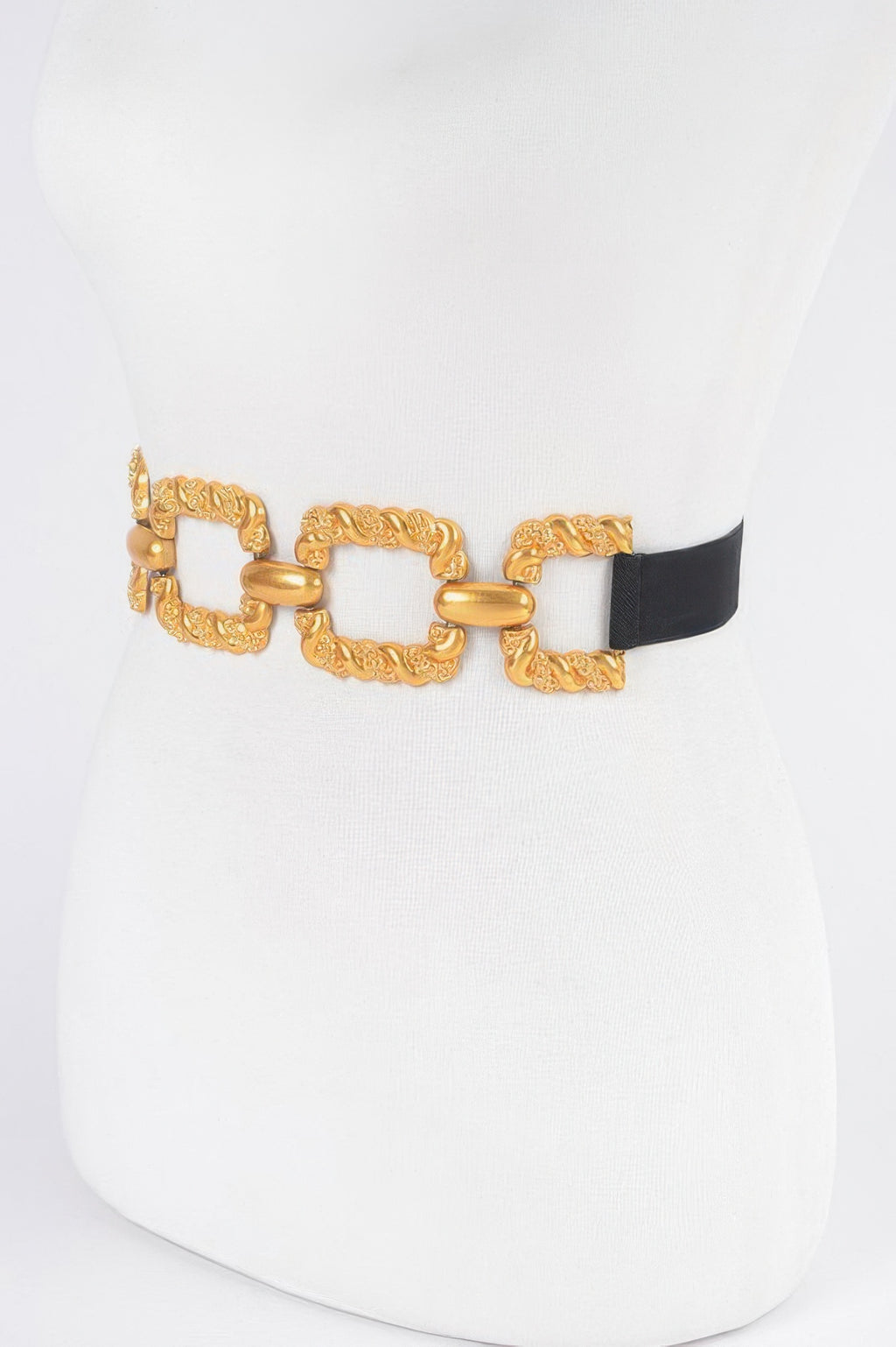 Black elastic belt with gold buckle frames, adjustable fit