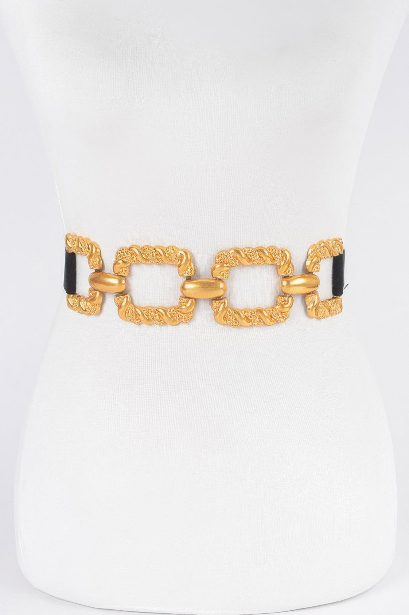 Multi Metal Buckle Elastic Plus Size Belt, black with gold square link buckles