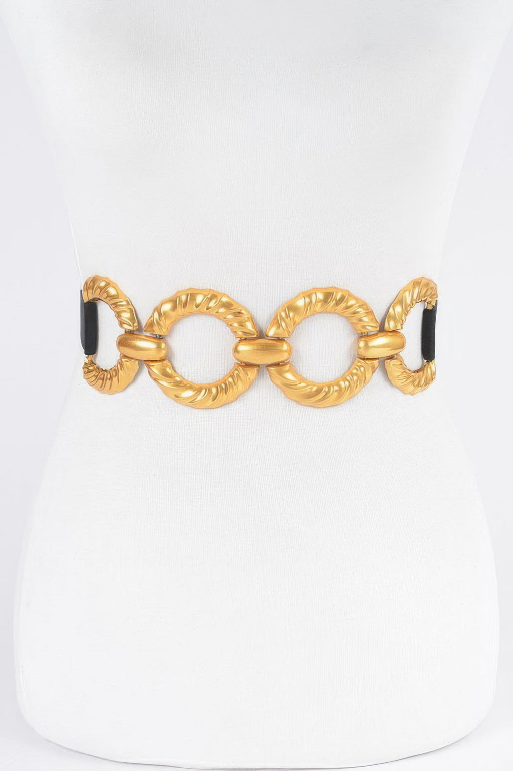 Plus size elastic belt, black band with gold multi-link buckle rings
