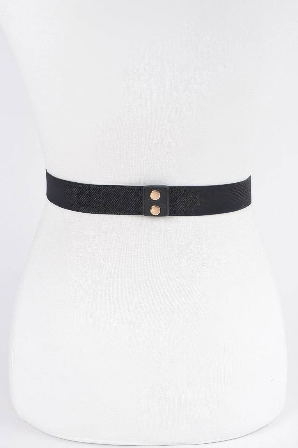 Black elastic belt with gold snap bar hardware and pierced eyelets