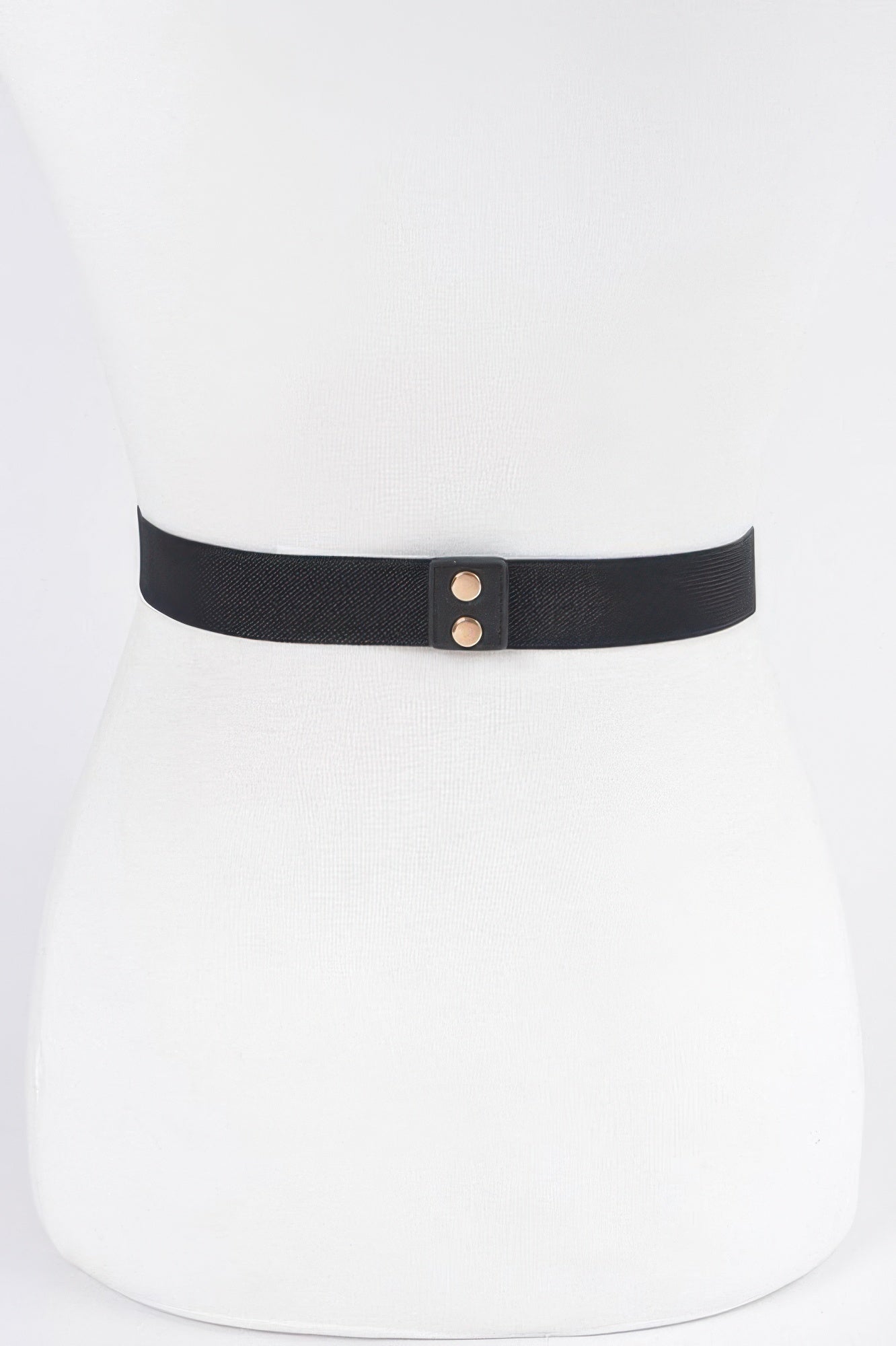Black elastic belt with gold snap bar hardware and pierced eyelets