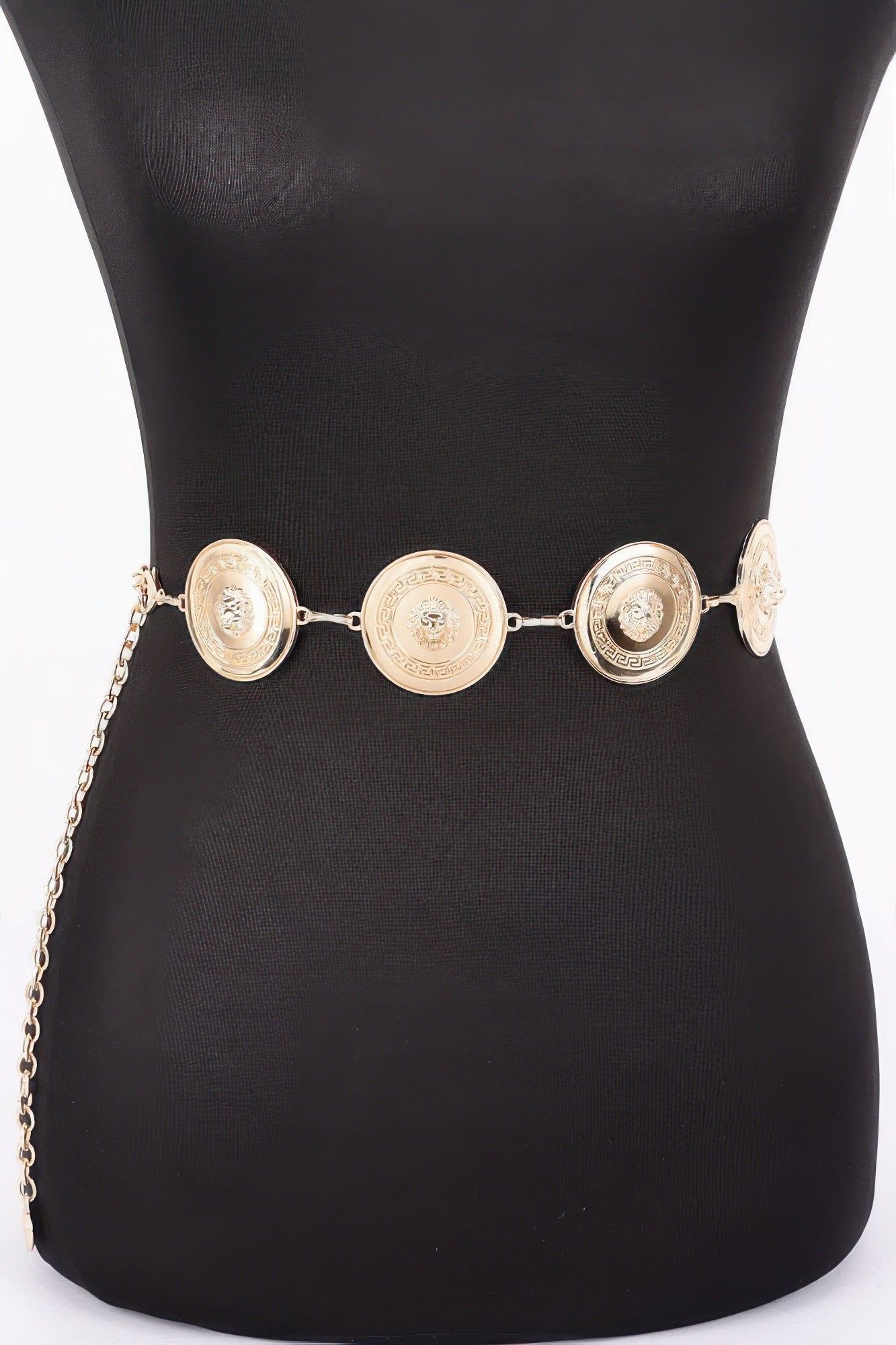 Gold chain belt with round coin medallions and linked coin discs
