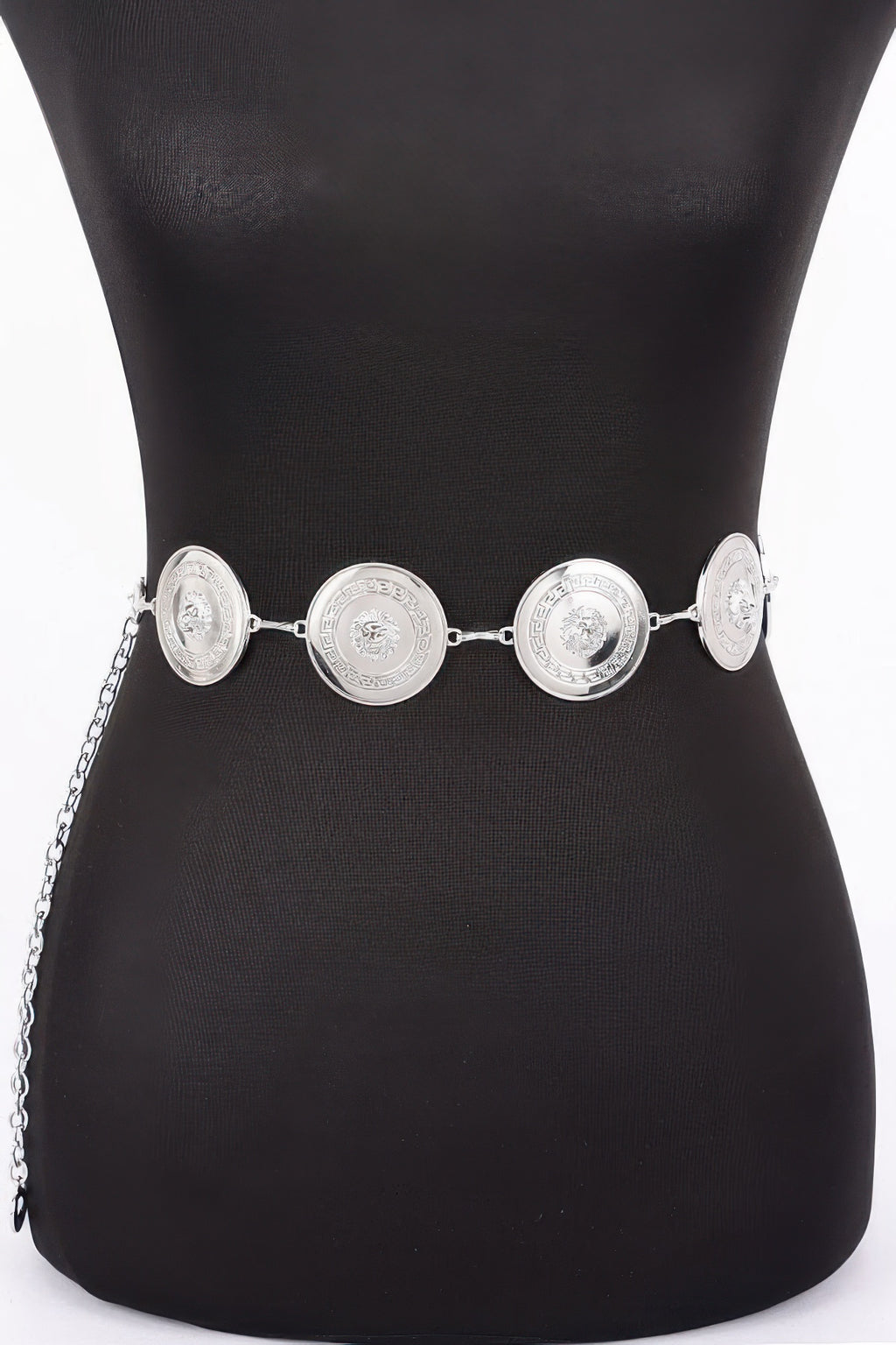 Silver chain belt with round coin medallions and linked coin discs