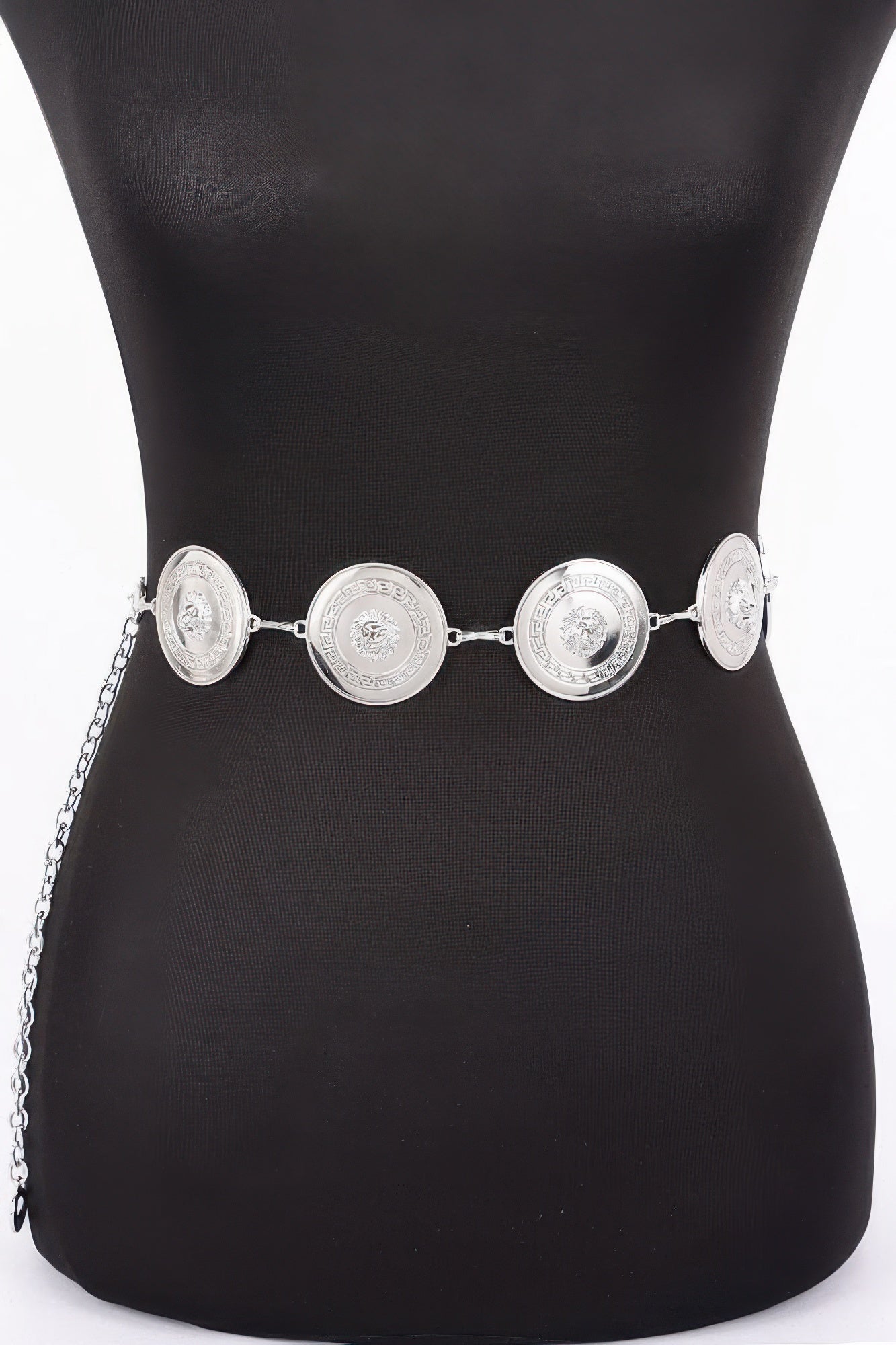Silver chain belt with round coin medallions and linked coin discs