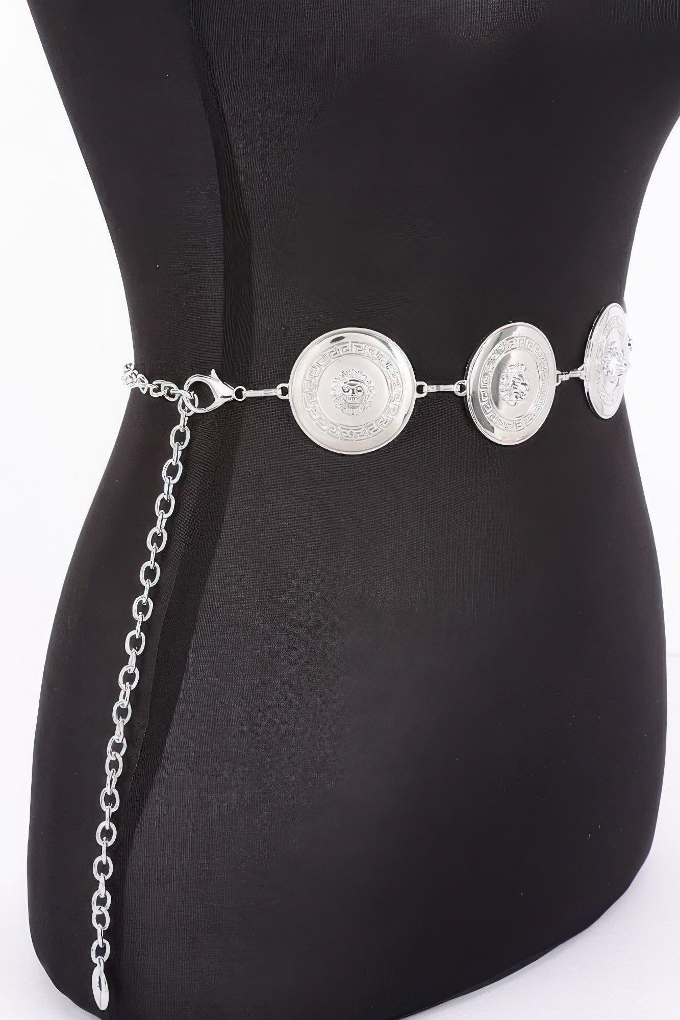 Silver coin medallion chain belt with long hanging chain and O-ring end