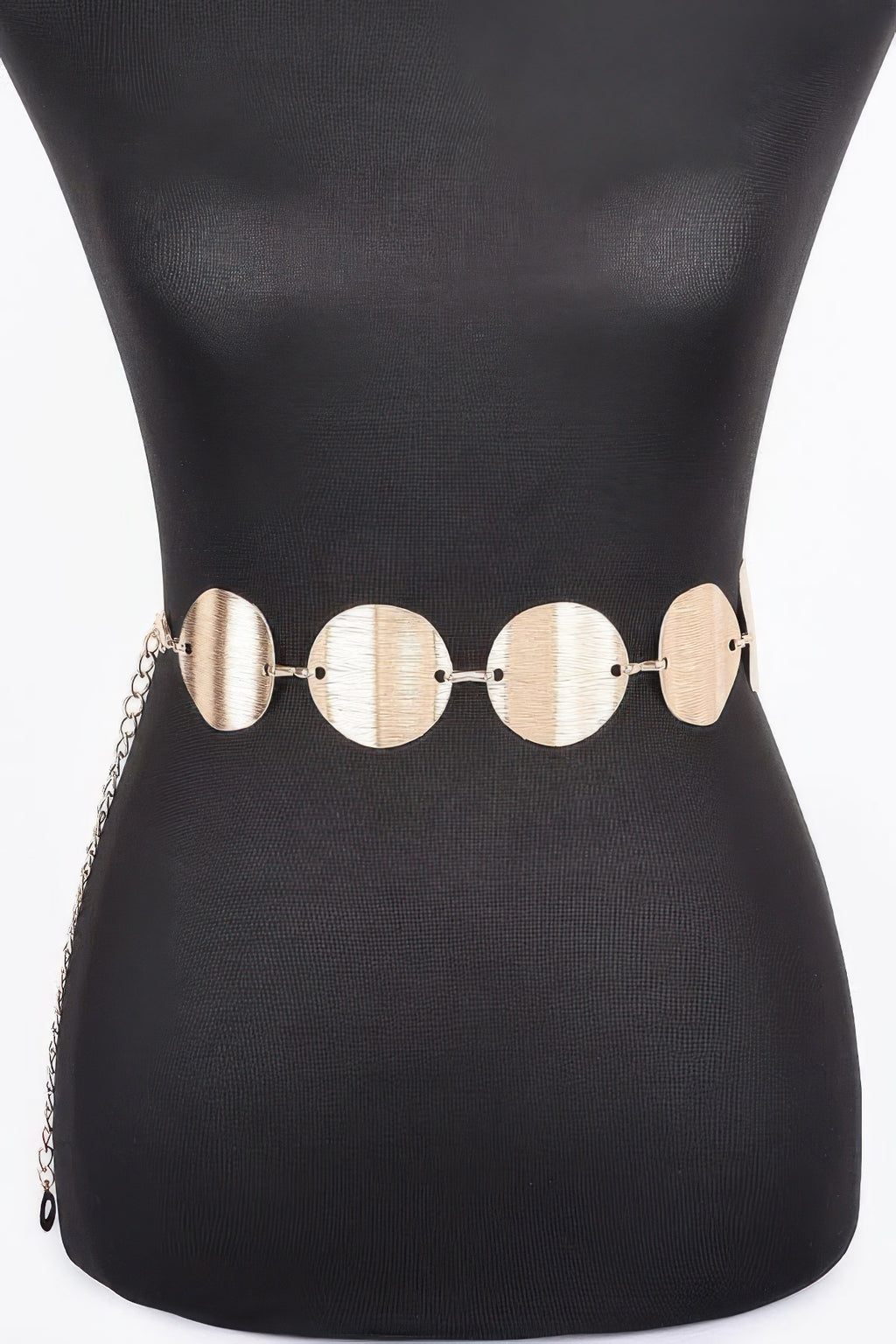 Multi metal chain belt with oval medallions and linked chain, silver tone