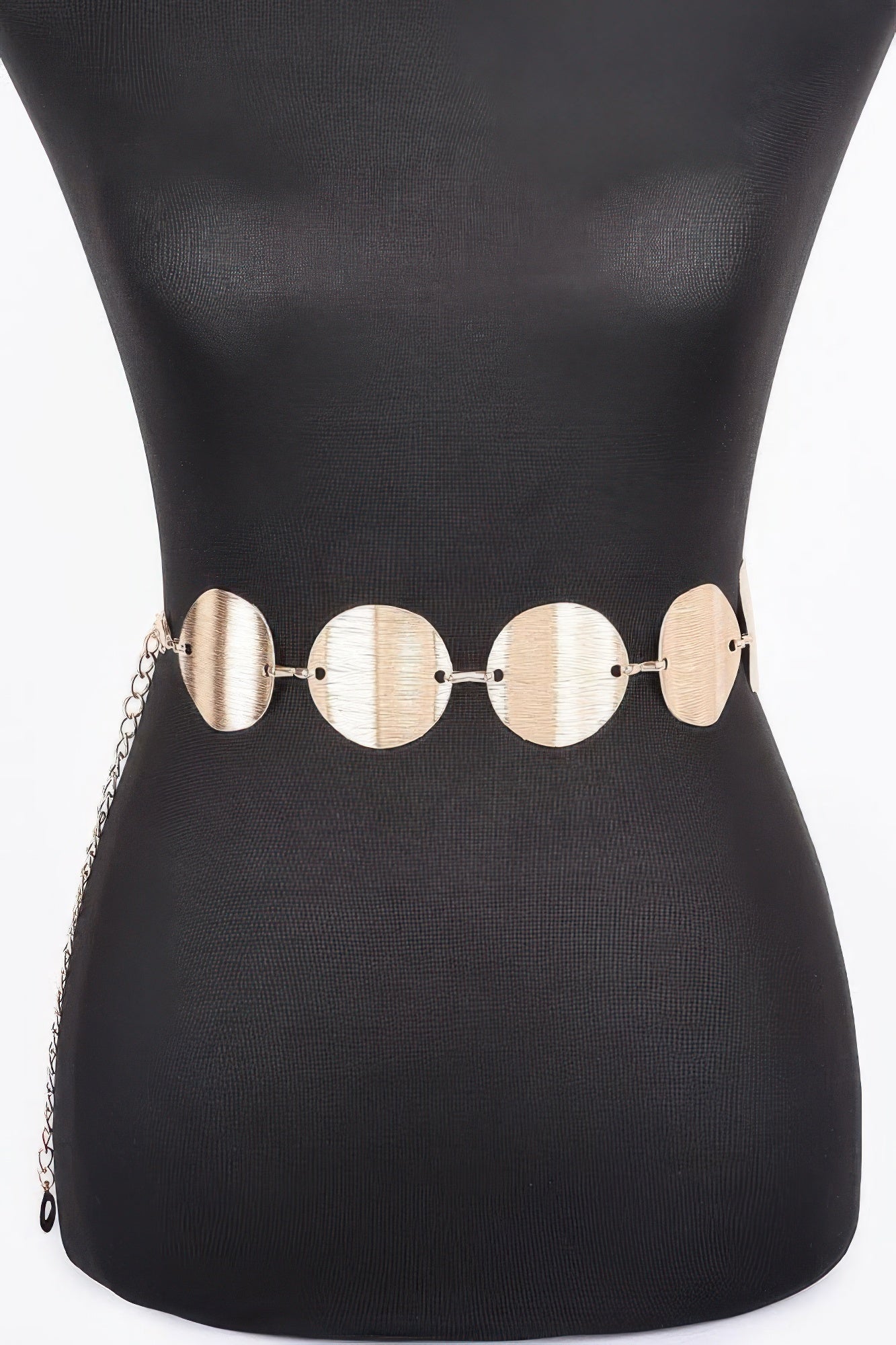 Multi metal chain belt with oval medallions and linked chain, silver tone