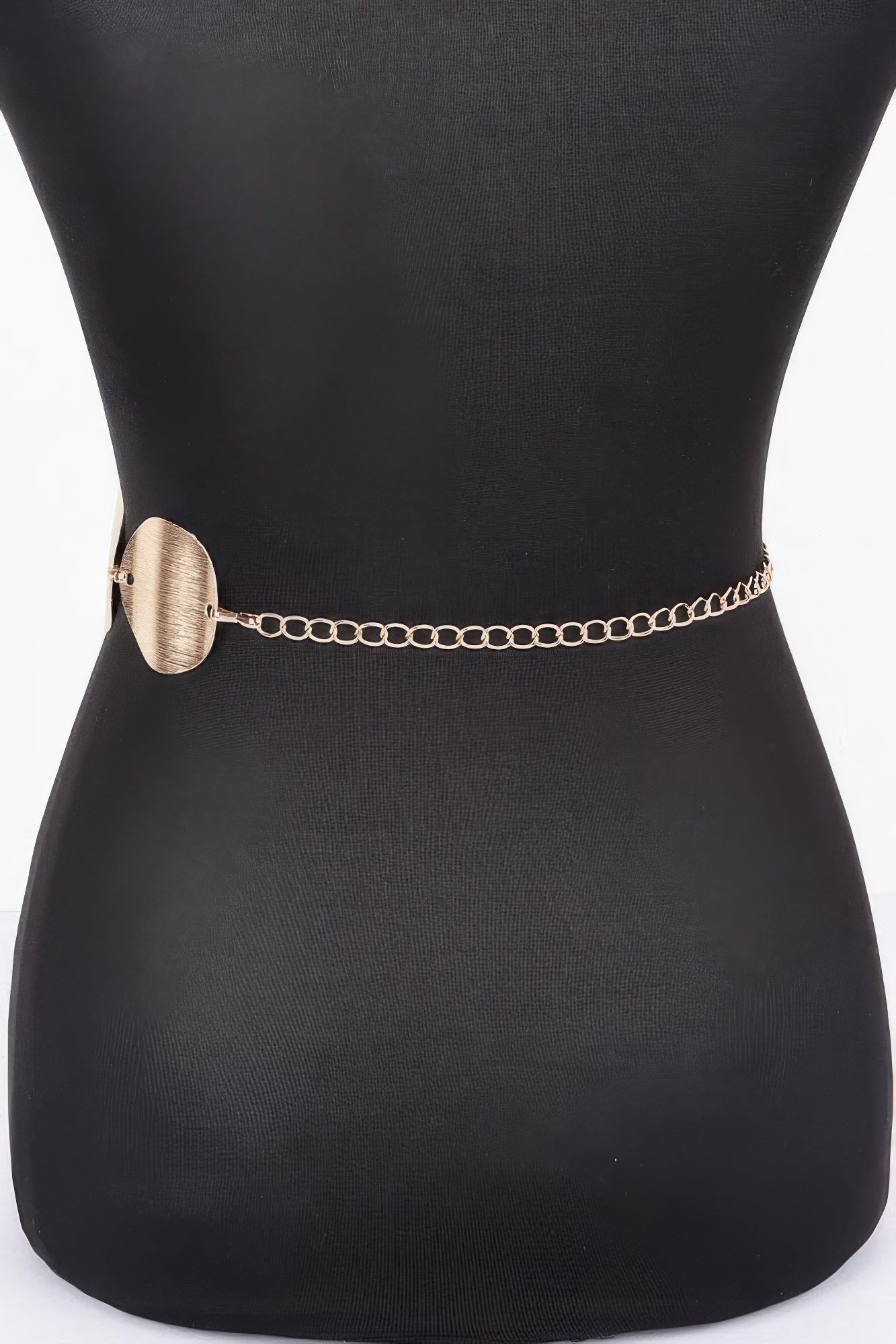 Multi metal chain belt with linked chain and oval medallions, gold tone