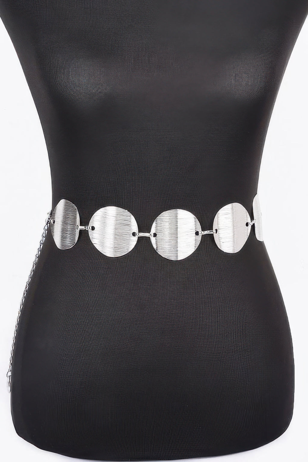 Silver multi metal chain belt featuring oval plates connected by small links