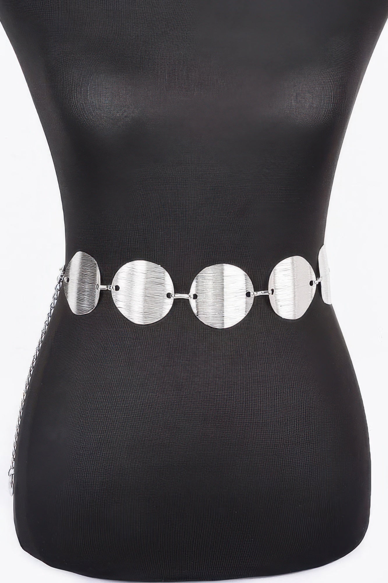 Silver multi metal chain belt featuring oval plates connected by small links