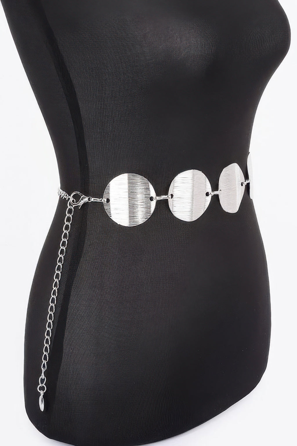 Silver multi metal chain belt with oval plates and long hanging extender chain