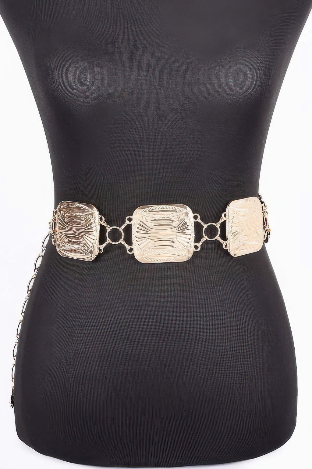 Multi Metal Chain Belt with oval engraved links and square center plate, silver tone