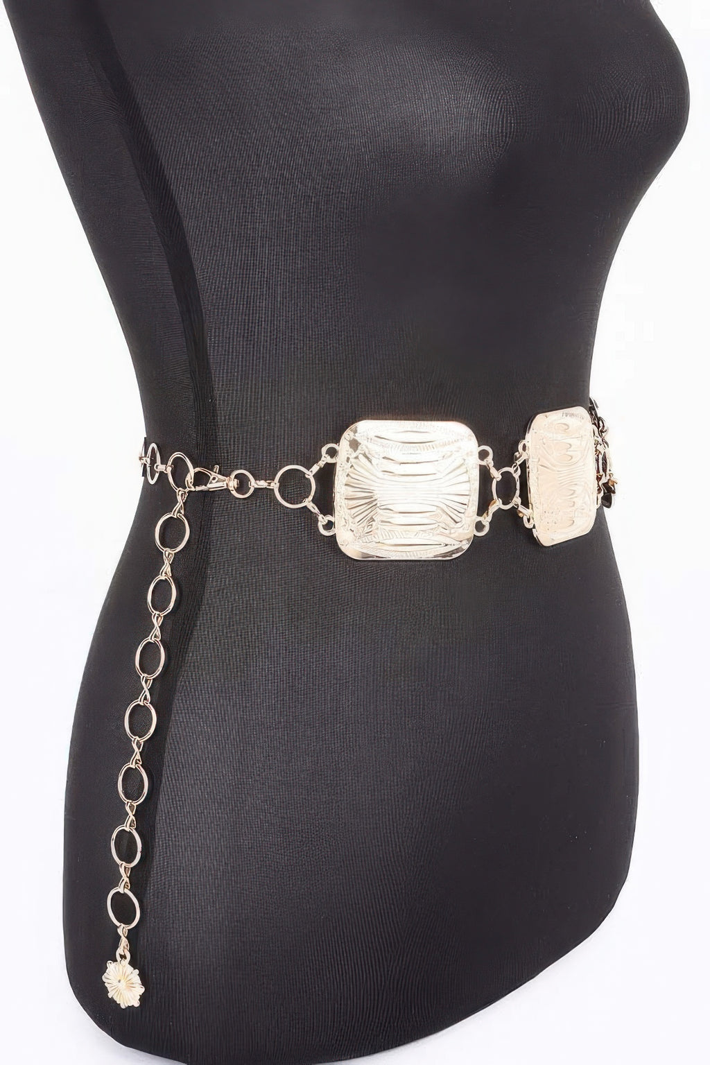 Silver multi-chain belt with engraved square center and dangling chain tassel