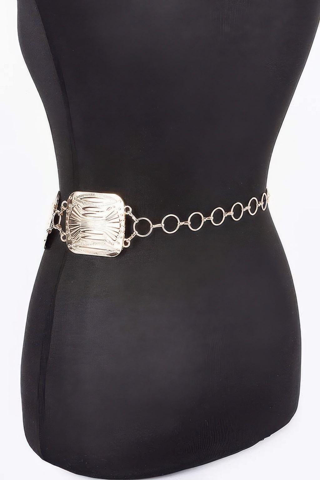 Silver multi-chain belt with engraved square panel and round ring links