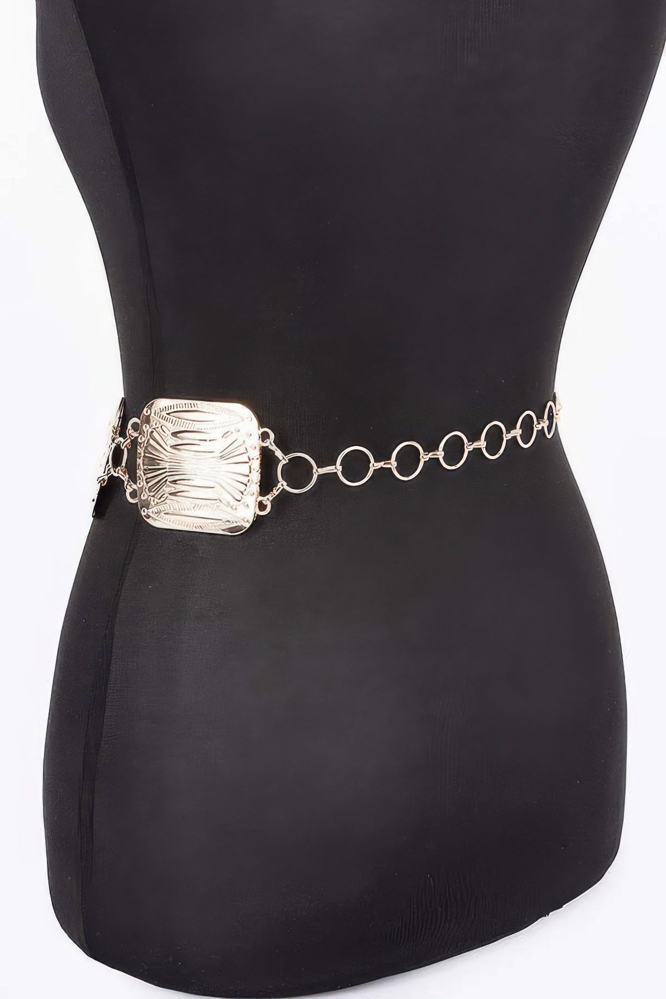 Silver multi-chain belt with engraved square panel and round ring links