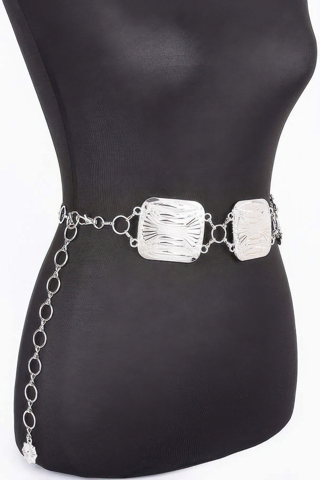 Silver multi metal chain belt with engraved center plate and long dangling chain