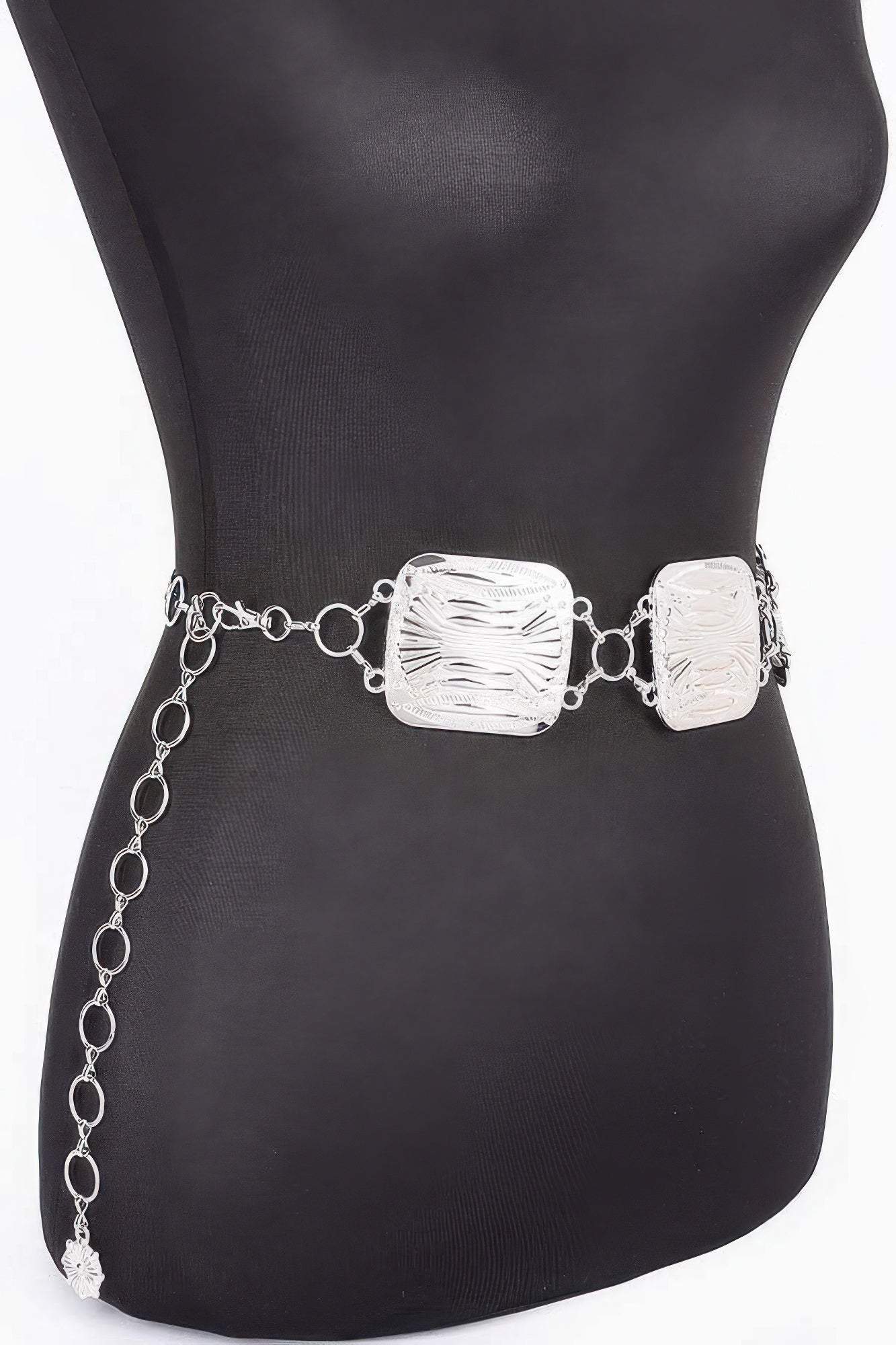 Silver multi metal chain belt with engraved center plate and long dangling chain