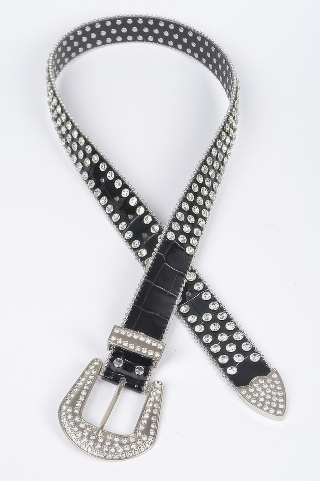 Black studded belt with rhinestone buckle and pointed end tips