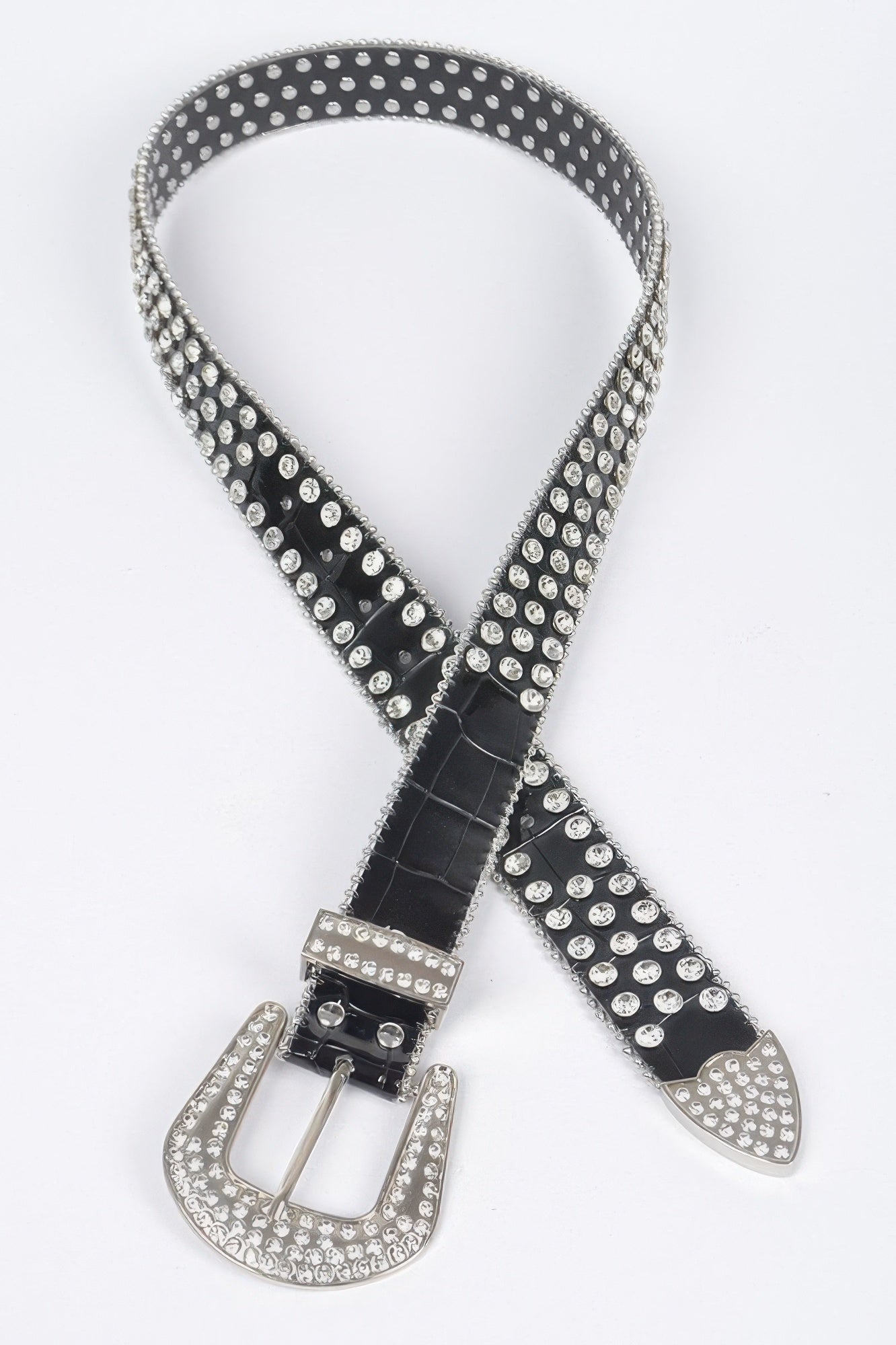 Black studded belt with rhinestone buckle and pointed end tips