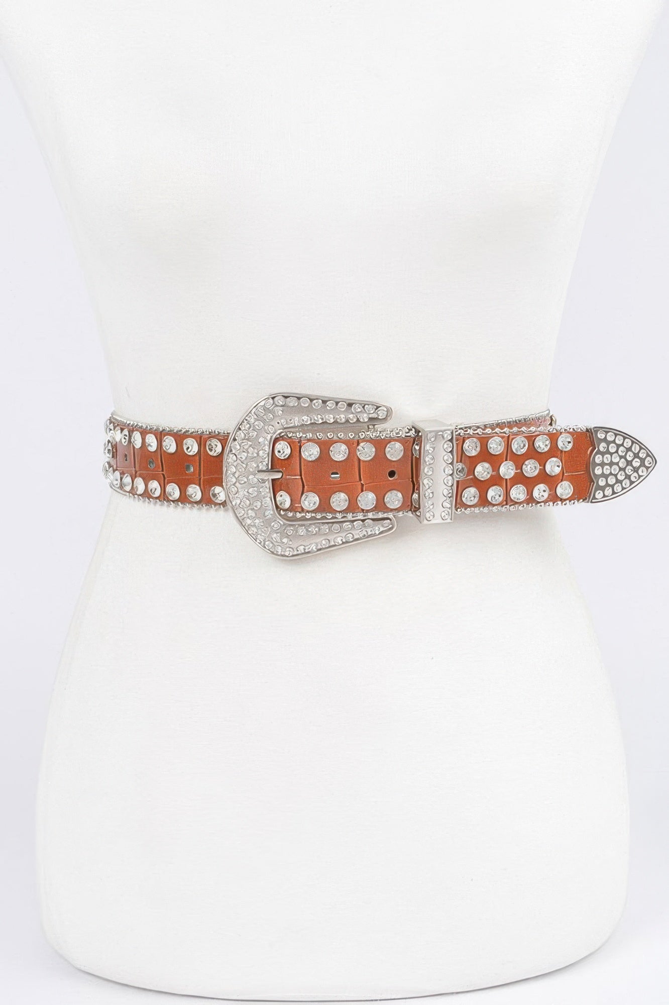 Cognac/orange studded belt with rhinestone buckle