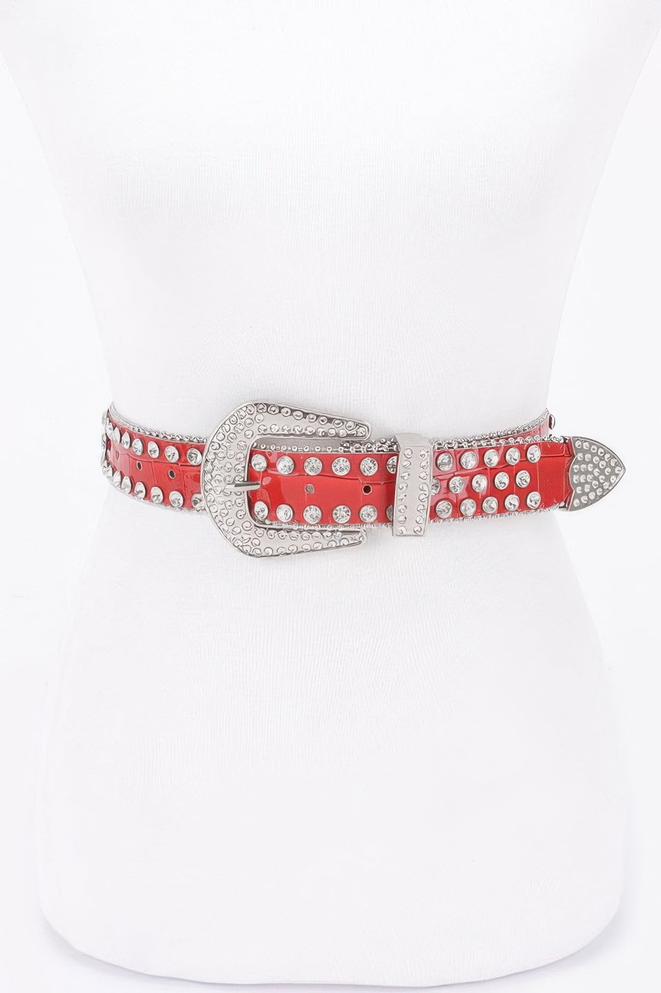 Red studded belt with silver-toned rhinestone oval buckle