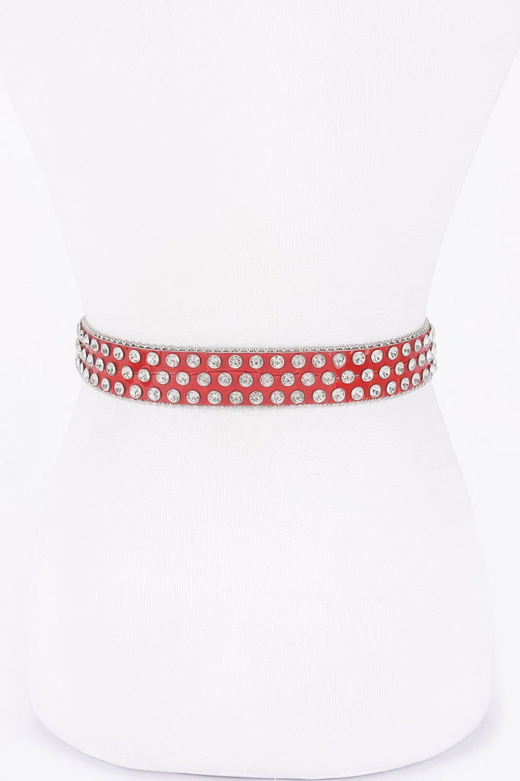 Red rhinestone stud belt strap, end-to-end view