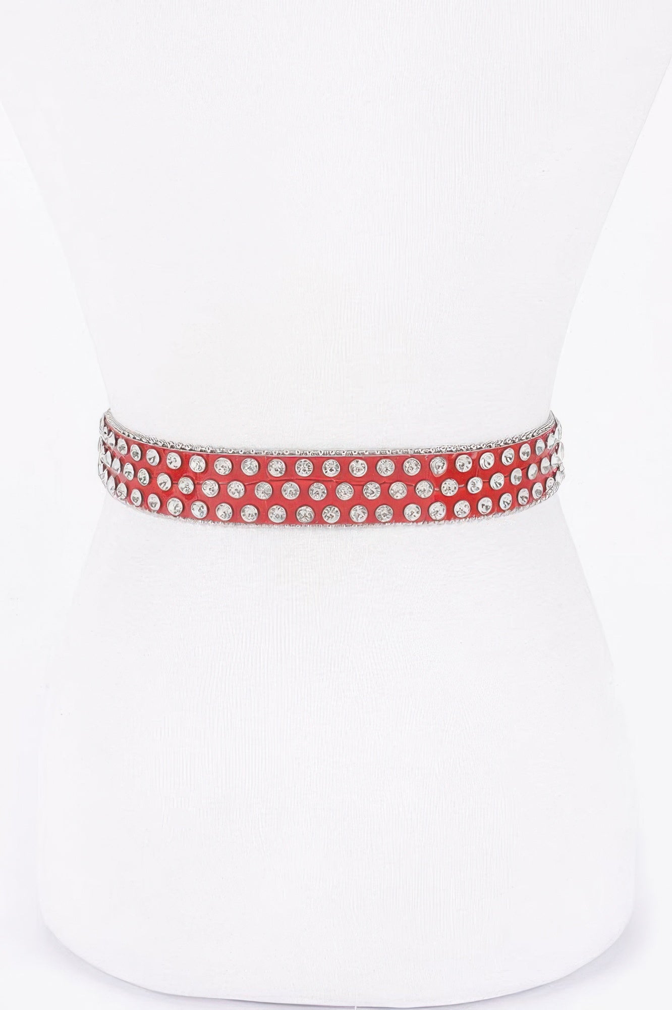 Red rhinestone stud belt strap, end-to-end view