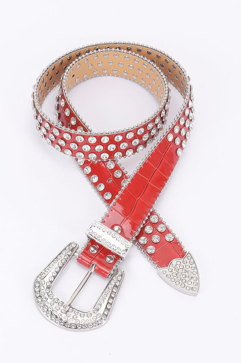 Red and camel studded belt with rhinestone buckle and pointed ends
