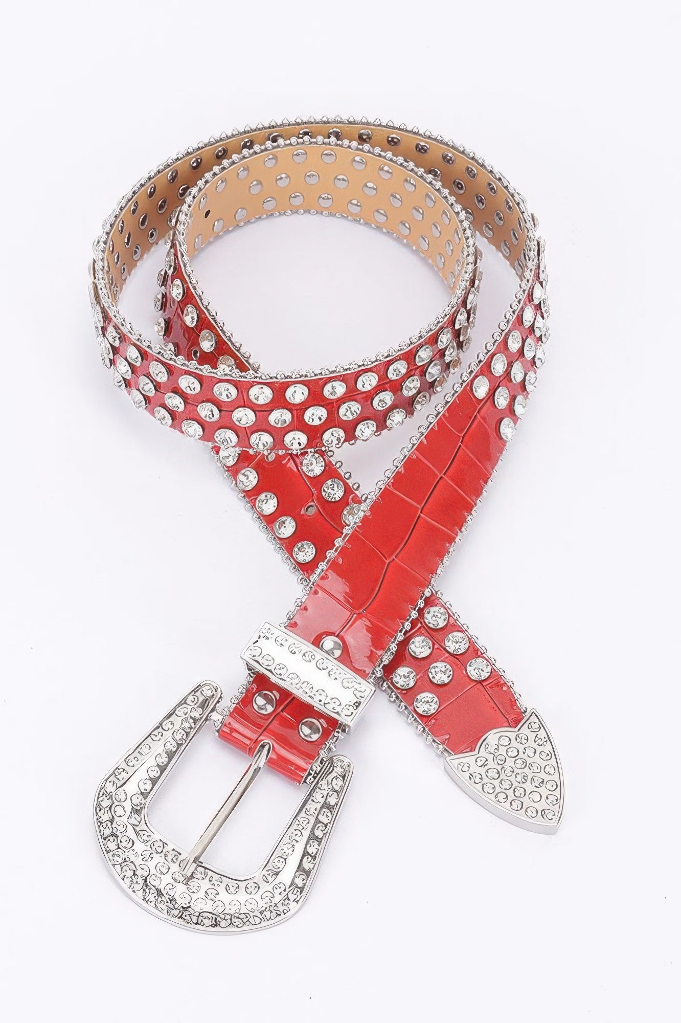 Red and camel studded belt with rhinestone buckle and pointed ends