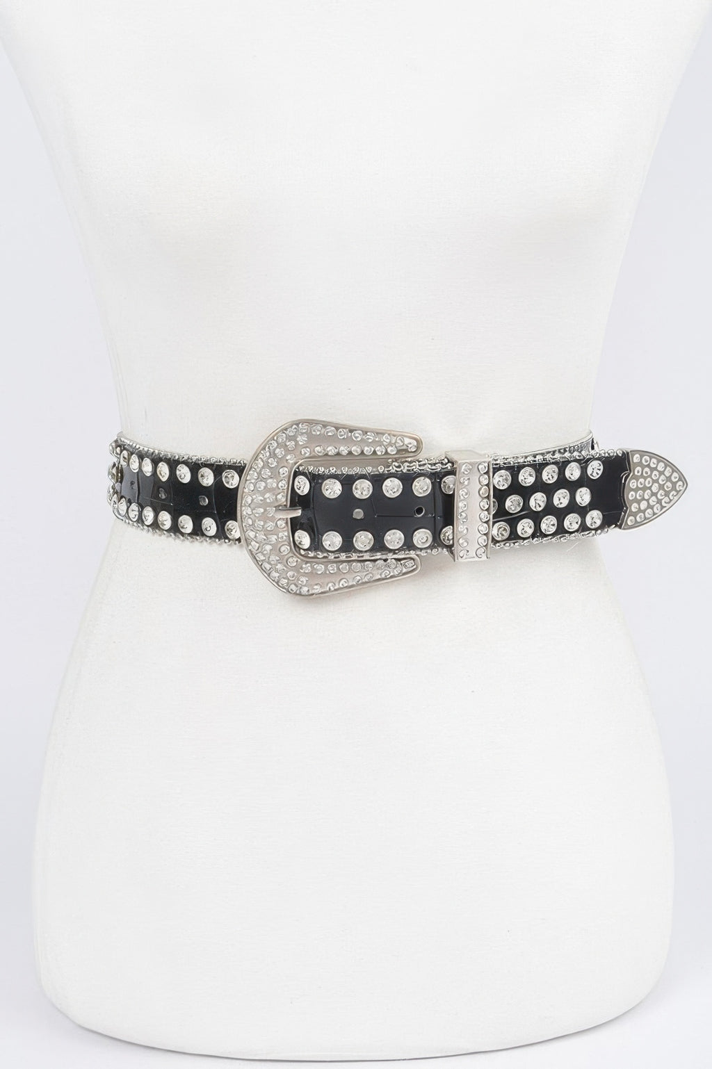 Multi Metal Stone Studded Plus Size Belt in black with oval rhinestone buckle