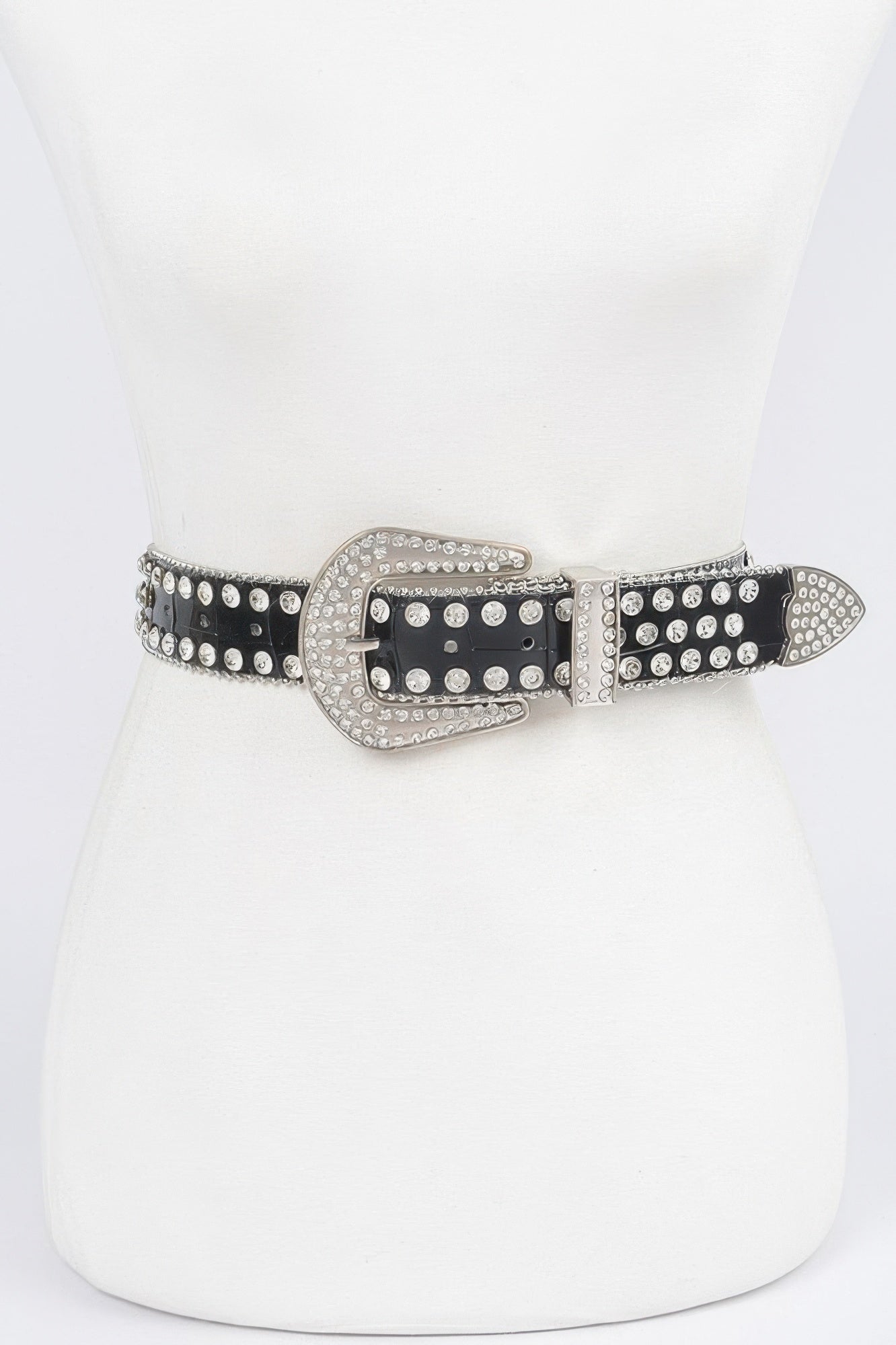 Multi Metal Stone Studded Plus Size Belt in black with oval rhinestone buckle