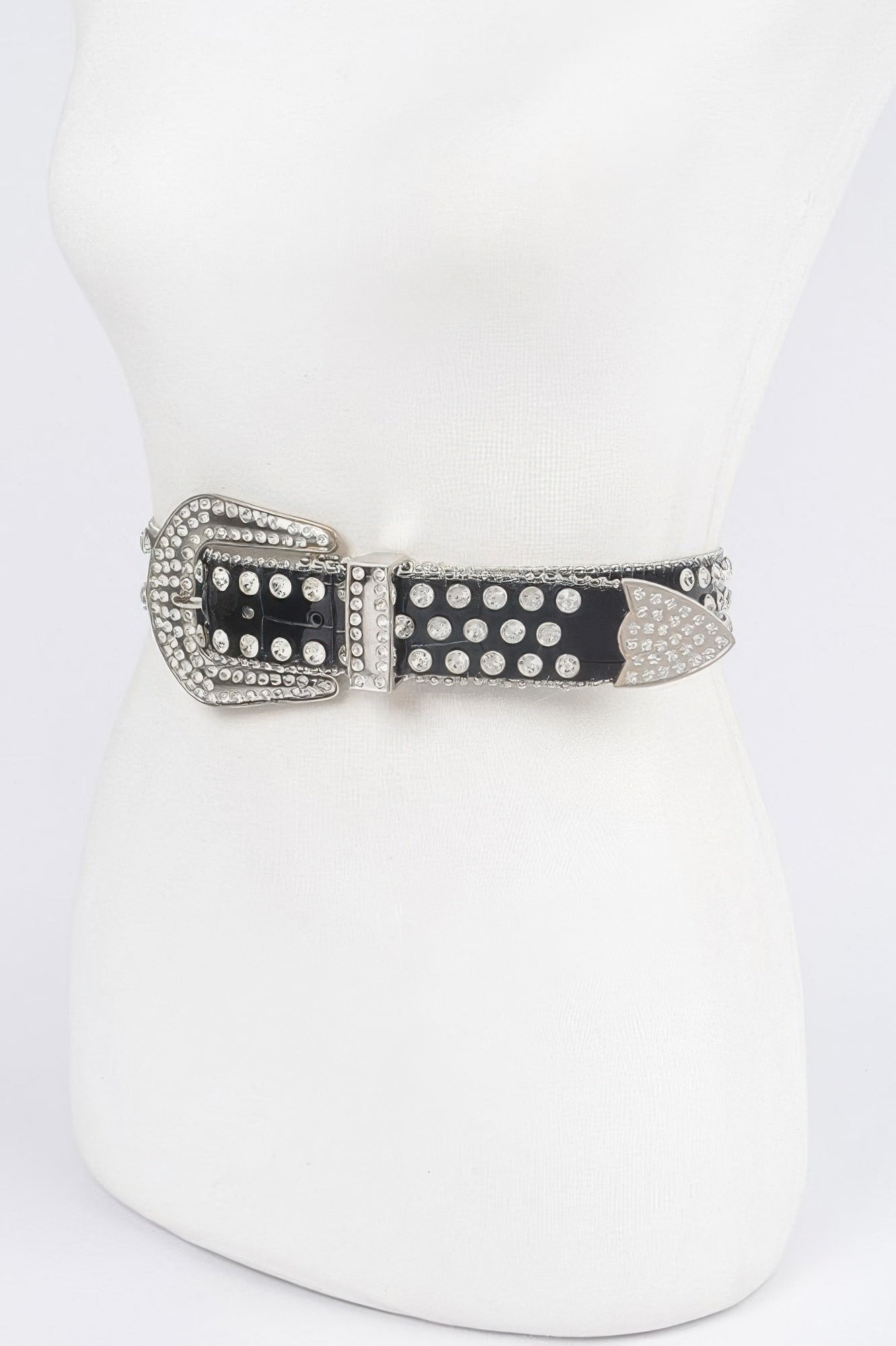 Black studded belt with silver studs and side rhinestone buckle frame
