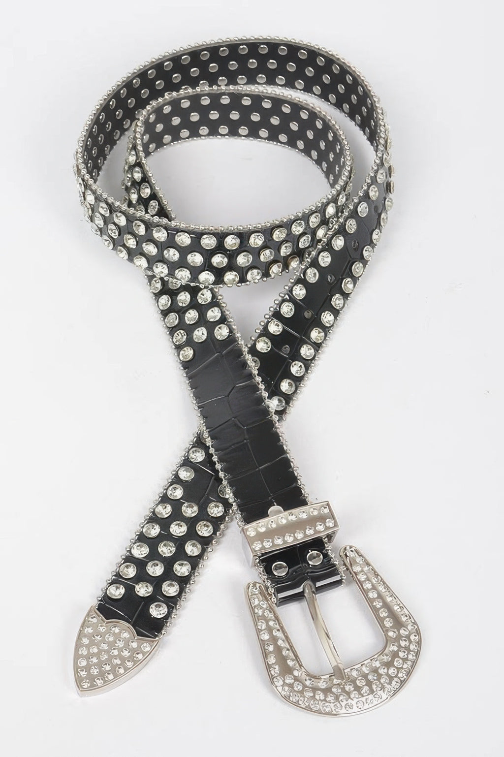 Studded black belt with pointed end and large rhinestone buckle detail