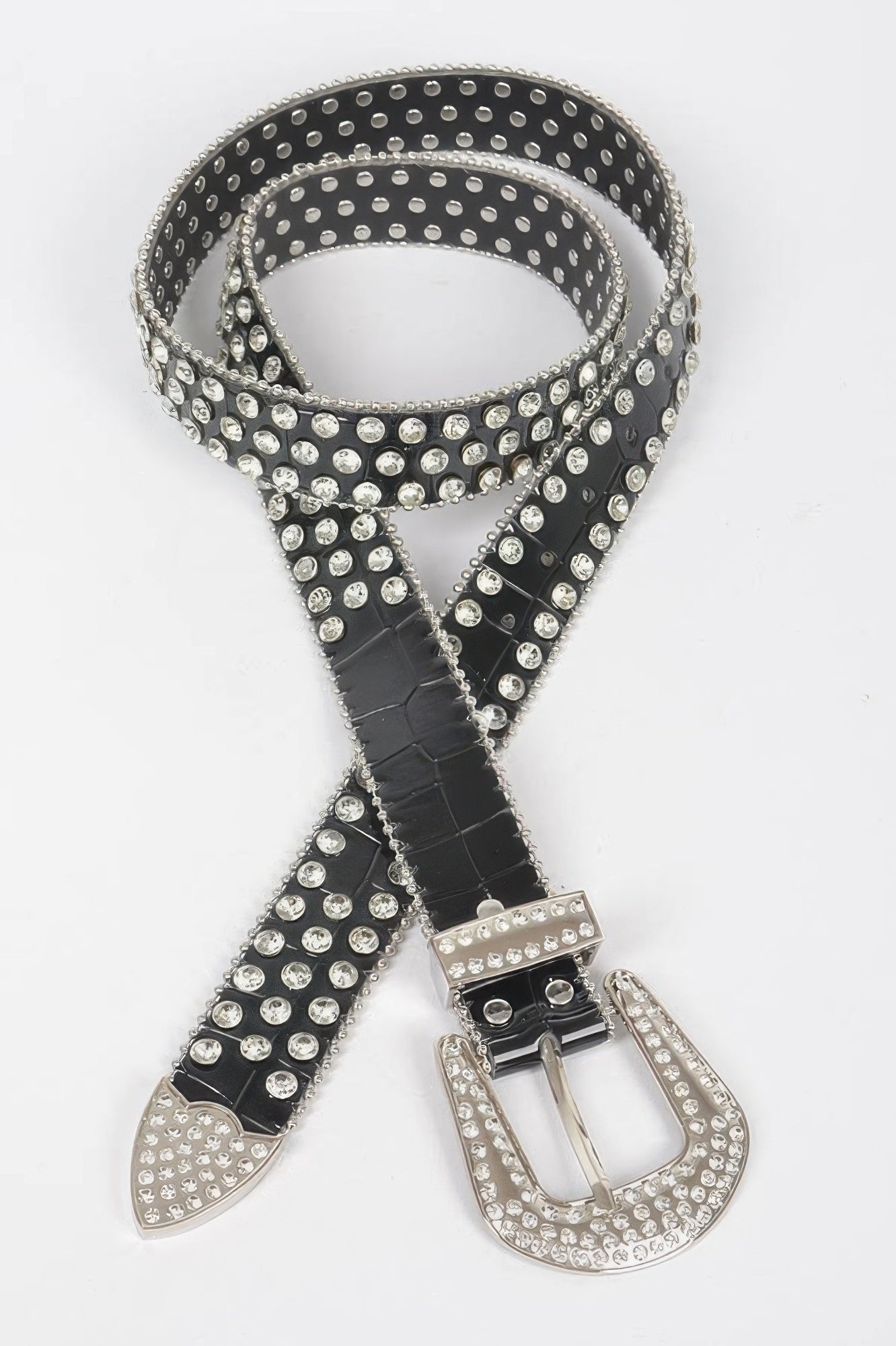 Studded black belt with pointed end and large rhinestone buckle detail
