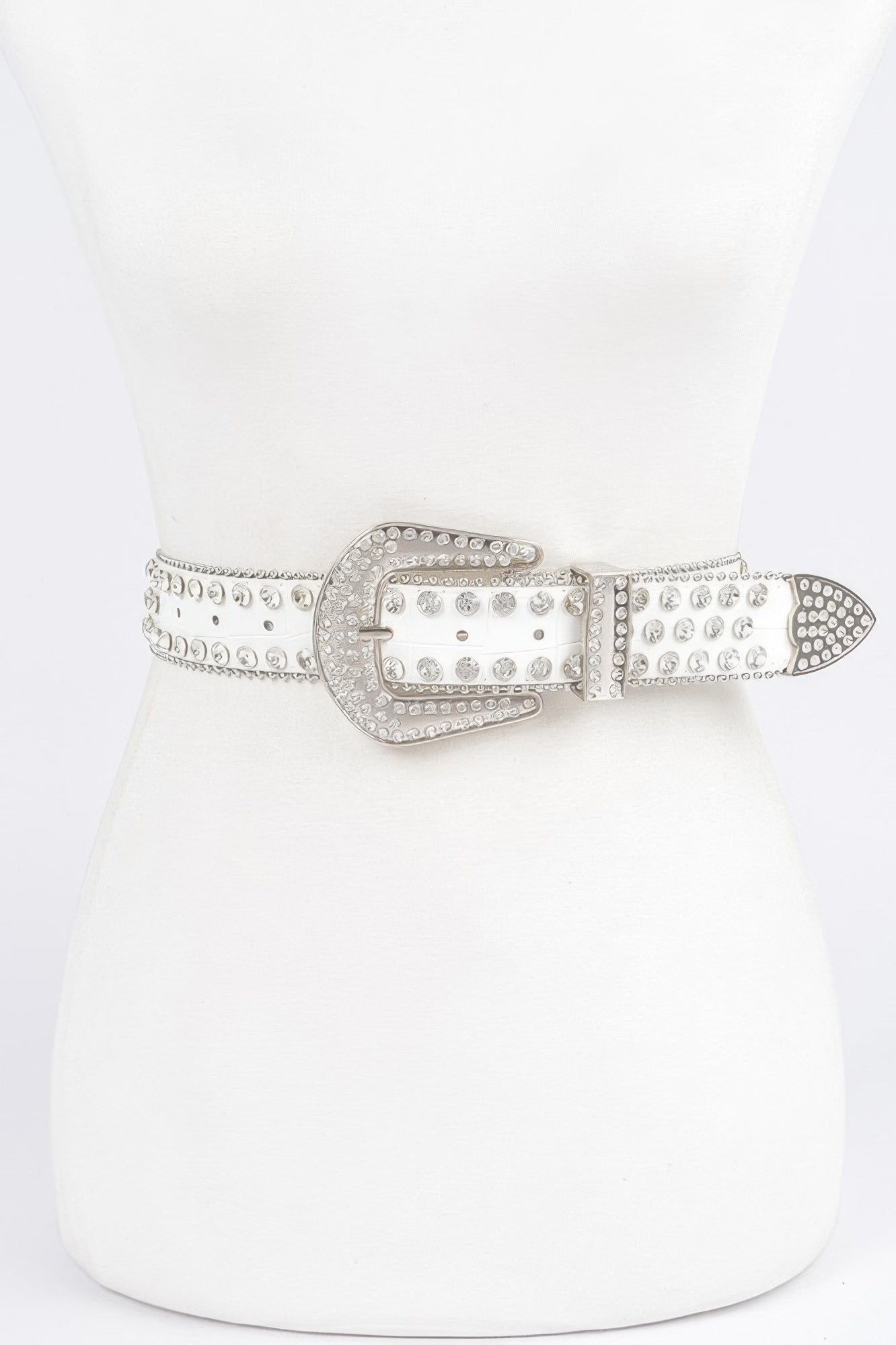 White studded plus Size belt with rhinestone oval buckle and metal crossbar