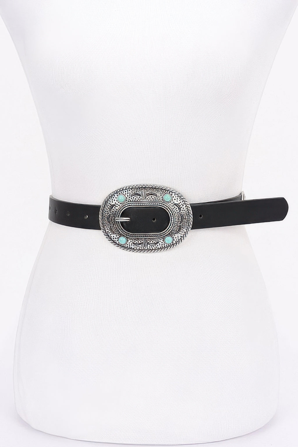 Vintage PU belt in black with oval western-style buckle and turquoise accents