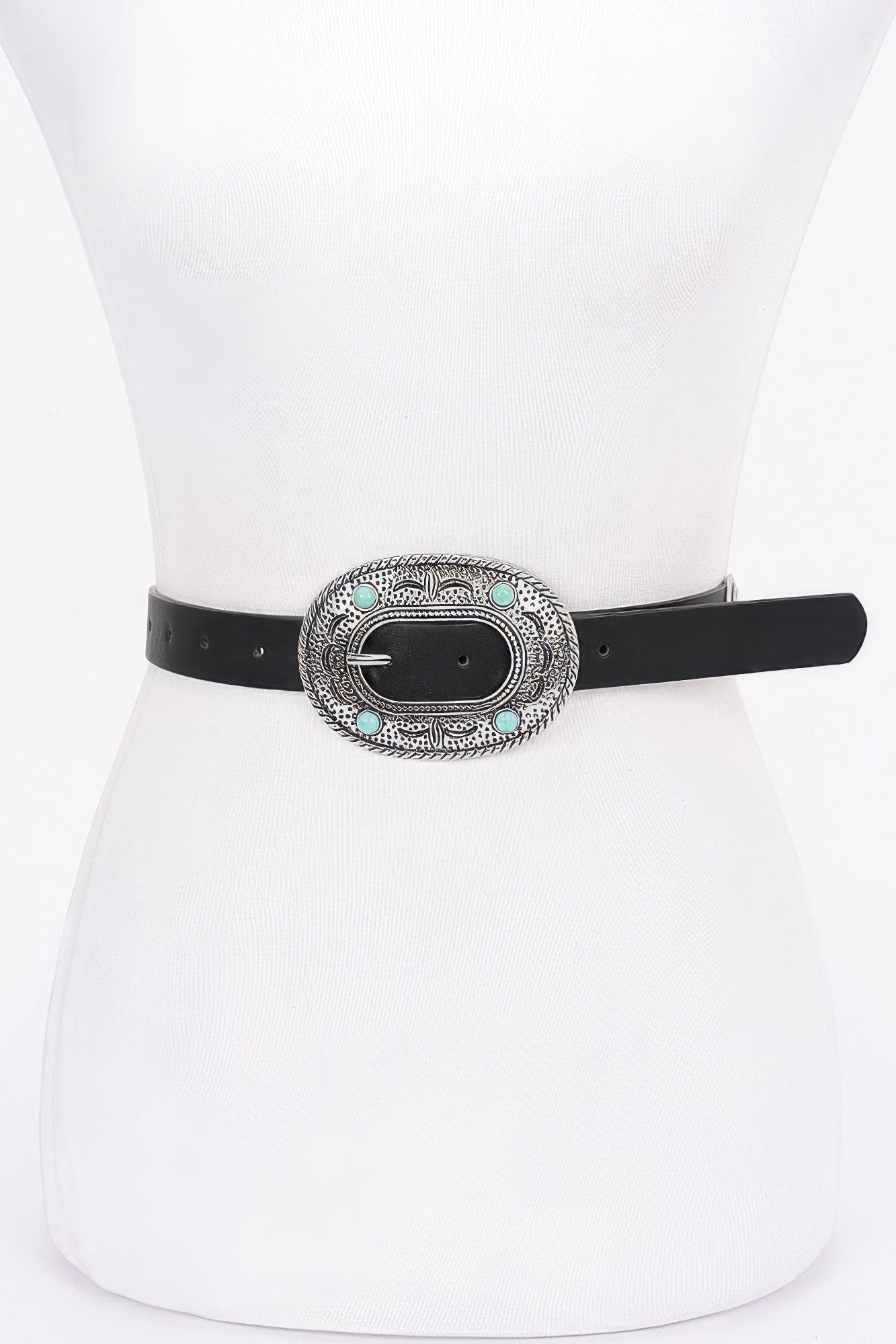 Vintage PU belt in black with oval western-style buckle and turquoise accents