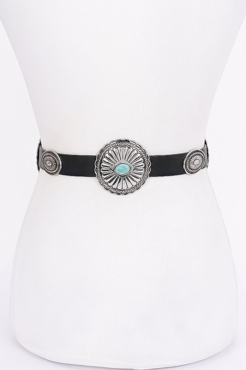 Black belt buckle with embossed oval design and turquoise stone center, silver-tone