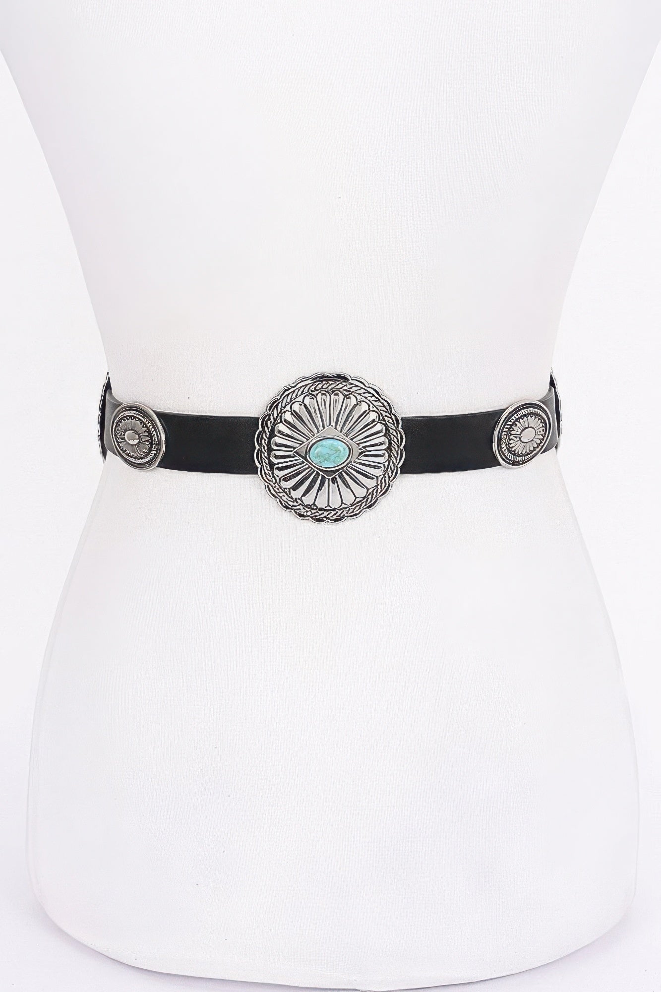 Black belt buckle with embossed oval design and turquoise stone center, silver-tone