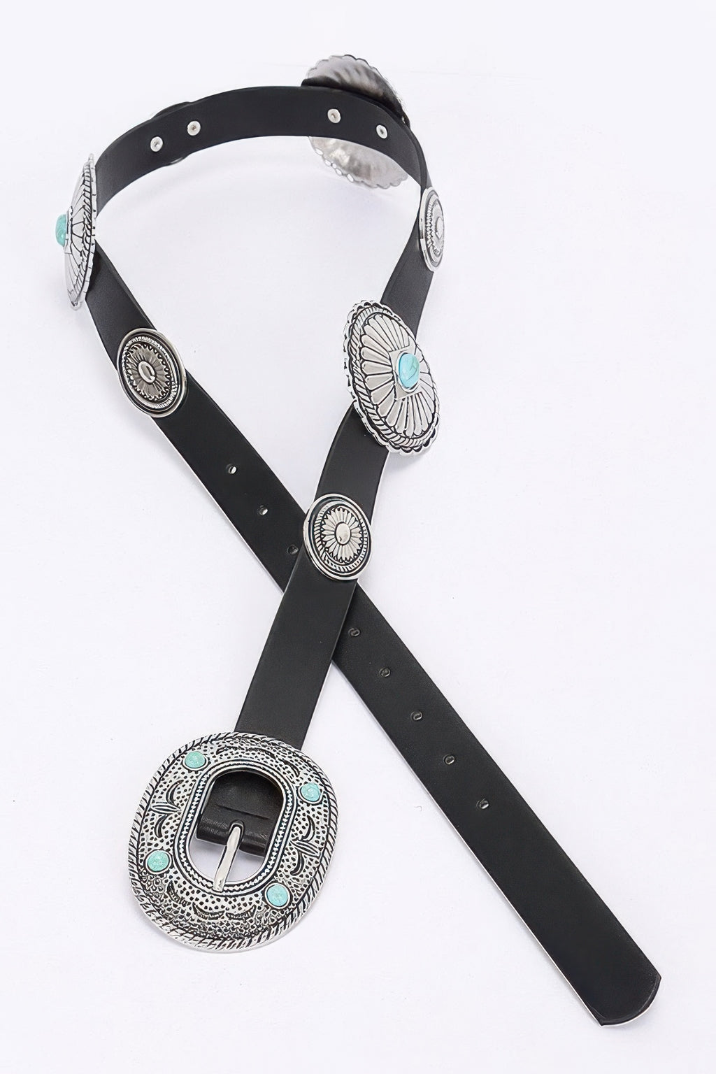 Black western belt with engraved concho details and turquoise inlay, adjustable strap