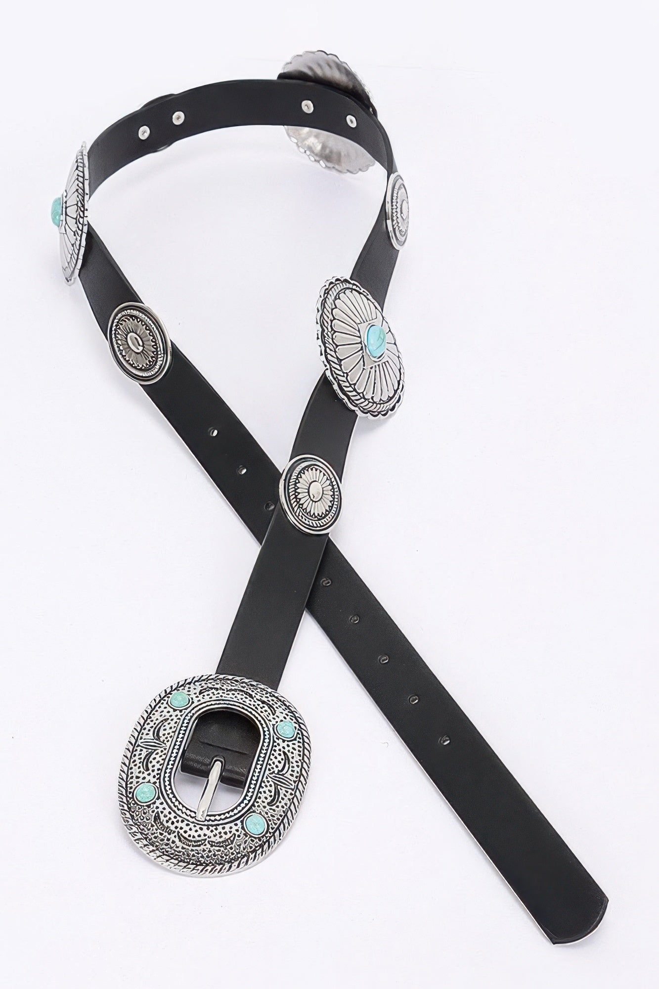 Black western belt with engraved concho details and turquoise inlay, adjustable strap