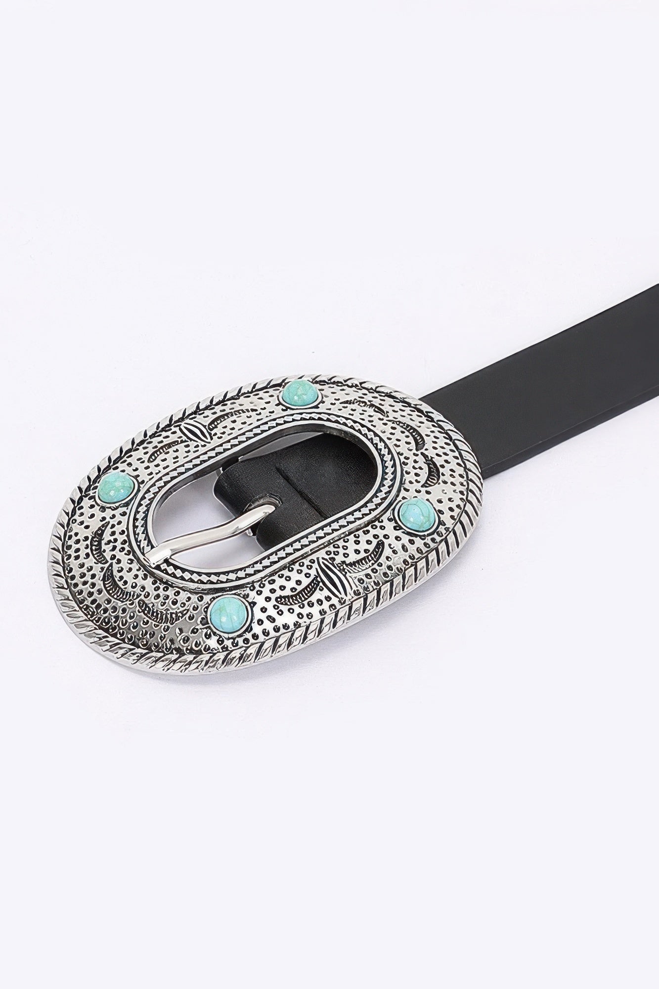 Oval buckle with turquoise accents on a black PU belt strap