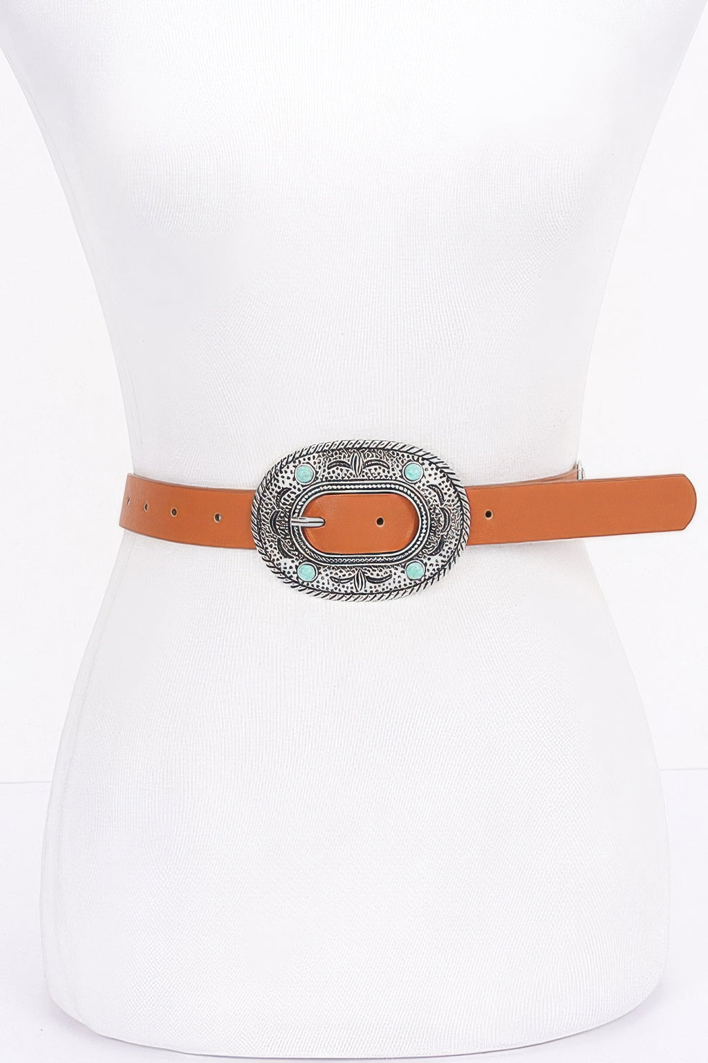 Vintage PU belt in camel/orange with oval western buckle and turquoise accents
