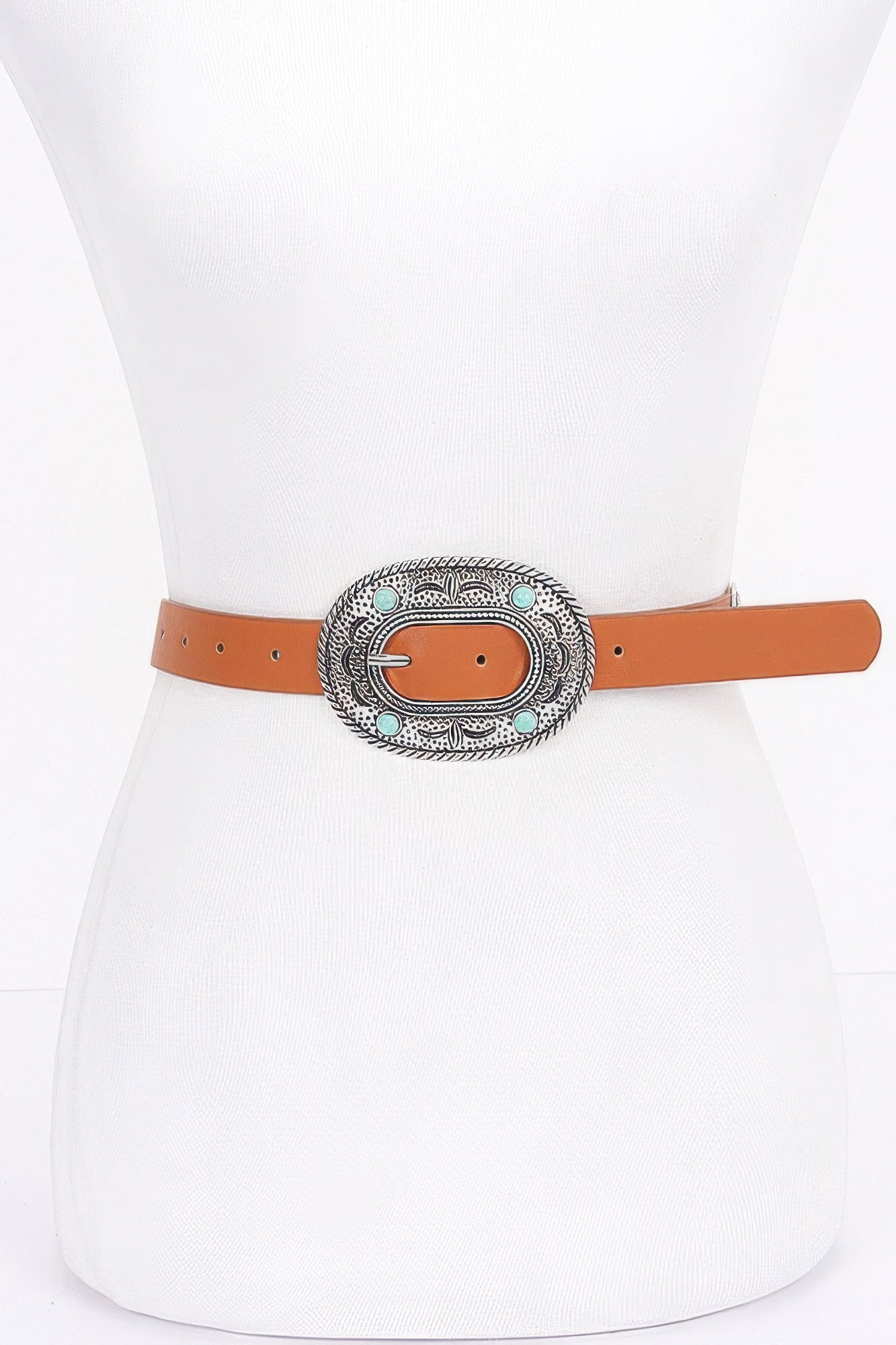 Vintage PU belt in camel/orange with oval western buckle and turquoise accents