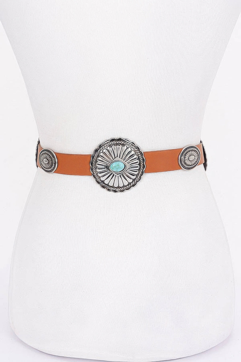 Camel/orange belt with round concho center buckle and turquoise stone, silver-tone