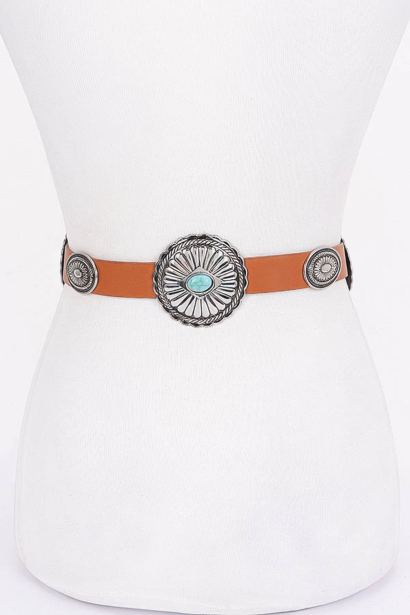 Camel/orange belt with round concho center buckle and turquoise stone, silver-tone