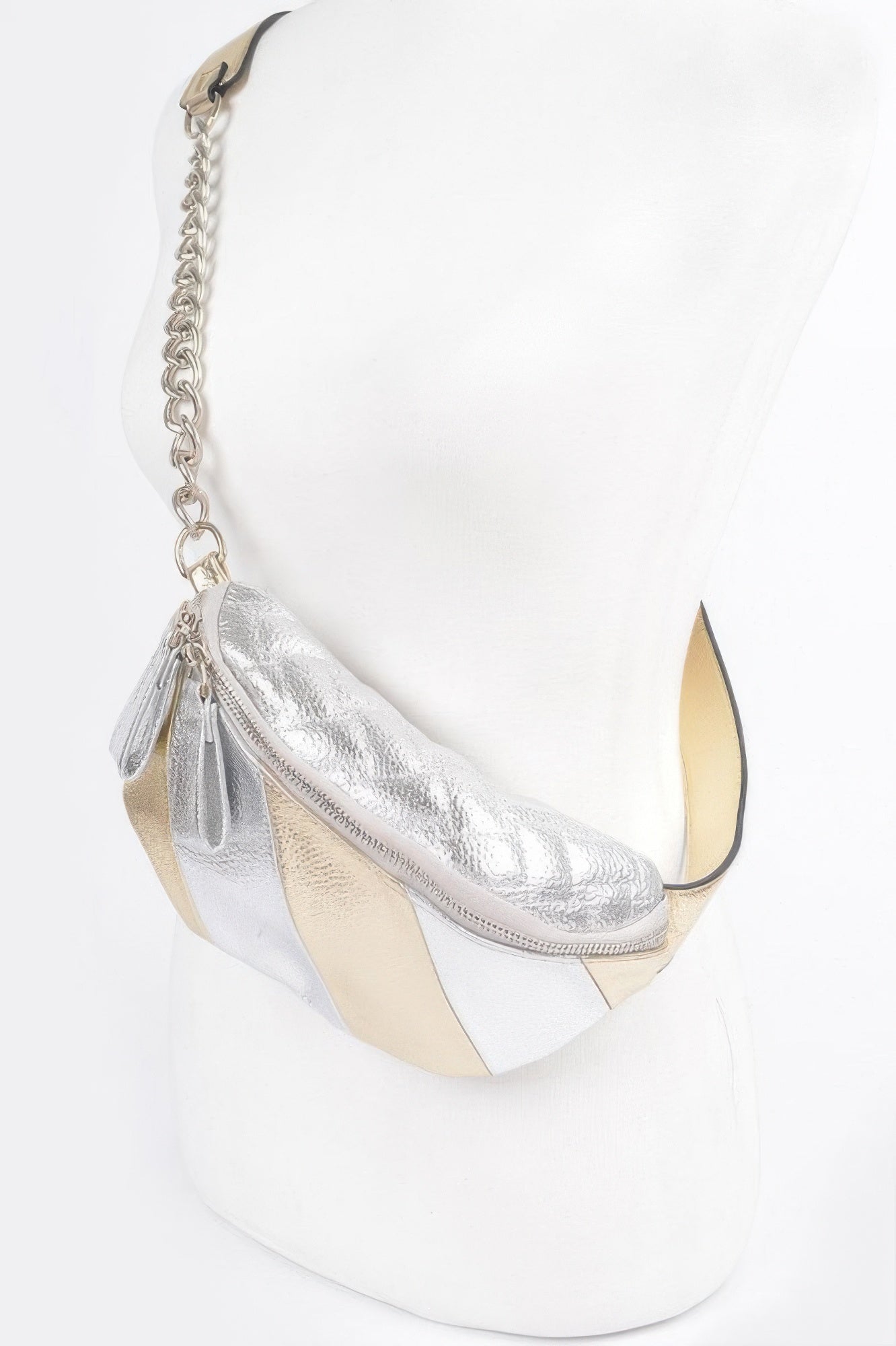 Multi metallic fanny pack in silver with chain strap and zippered front pocket